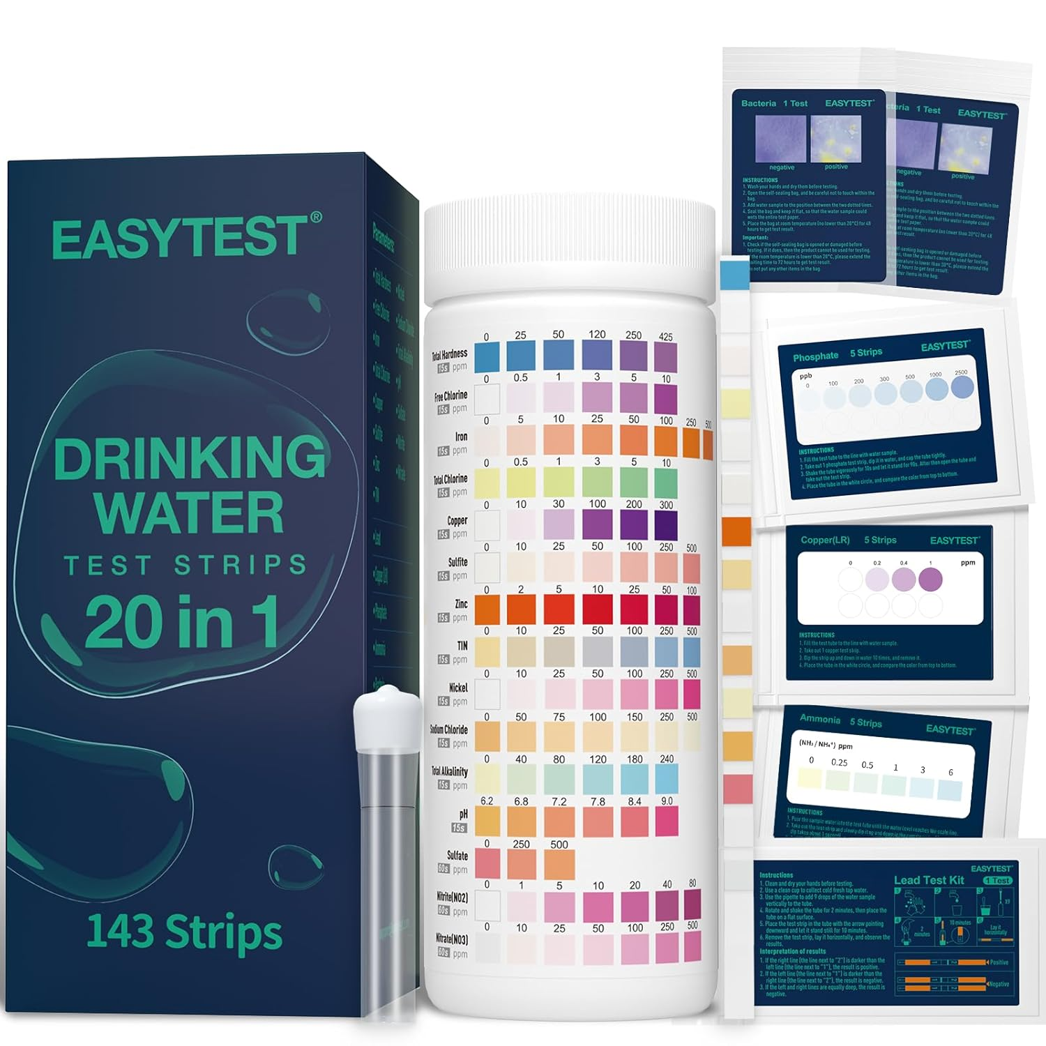 EASYTEST 20 in 1 Drinking Water Test Kit - Well Water Testing Kit - Water Test Strip for House Water for Ph, Hardness, Chlorine, Lead, Iron, Bacteria & More