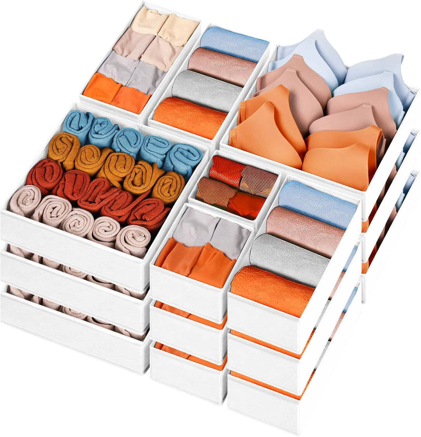 Drawer Organizer Clothes 15 Pack - Dresser Organizer for Nursery, Bedroom, Closet - Baby Clothes Organizer and Storage & Organization Dividers, College Dorm Room Essentials (White)