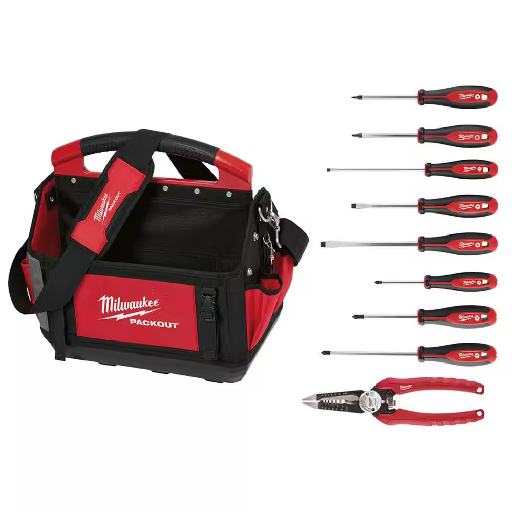 15 In. PACKOUT Tote with 6-In-1 Wire Strippers Pliers and Screwdriver Set (10-Piece)