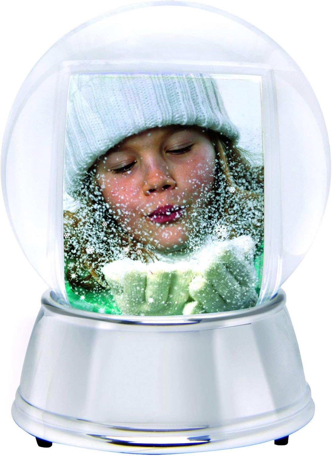 Large LED Light Up Photo Snow Globe w/Silver Base