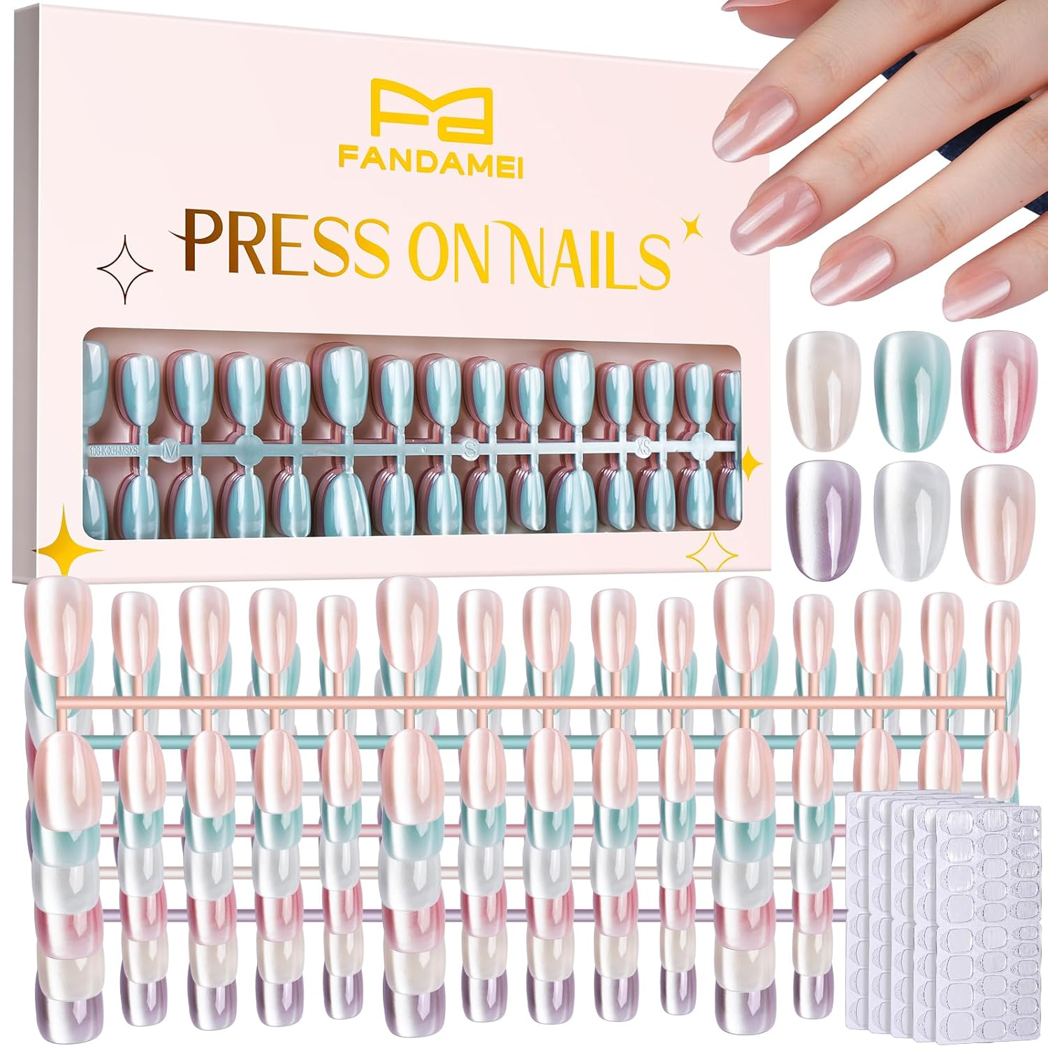 Press On Nails Kit 6 Colors Short Almond Cat Eye, Nude Glossy Fake Nails with Tabs