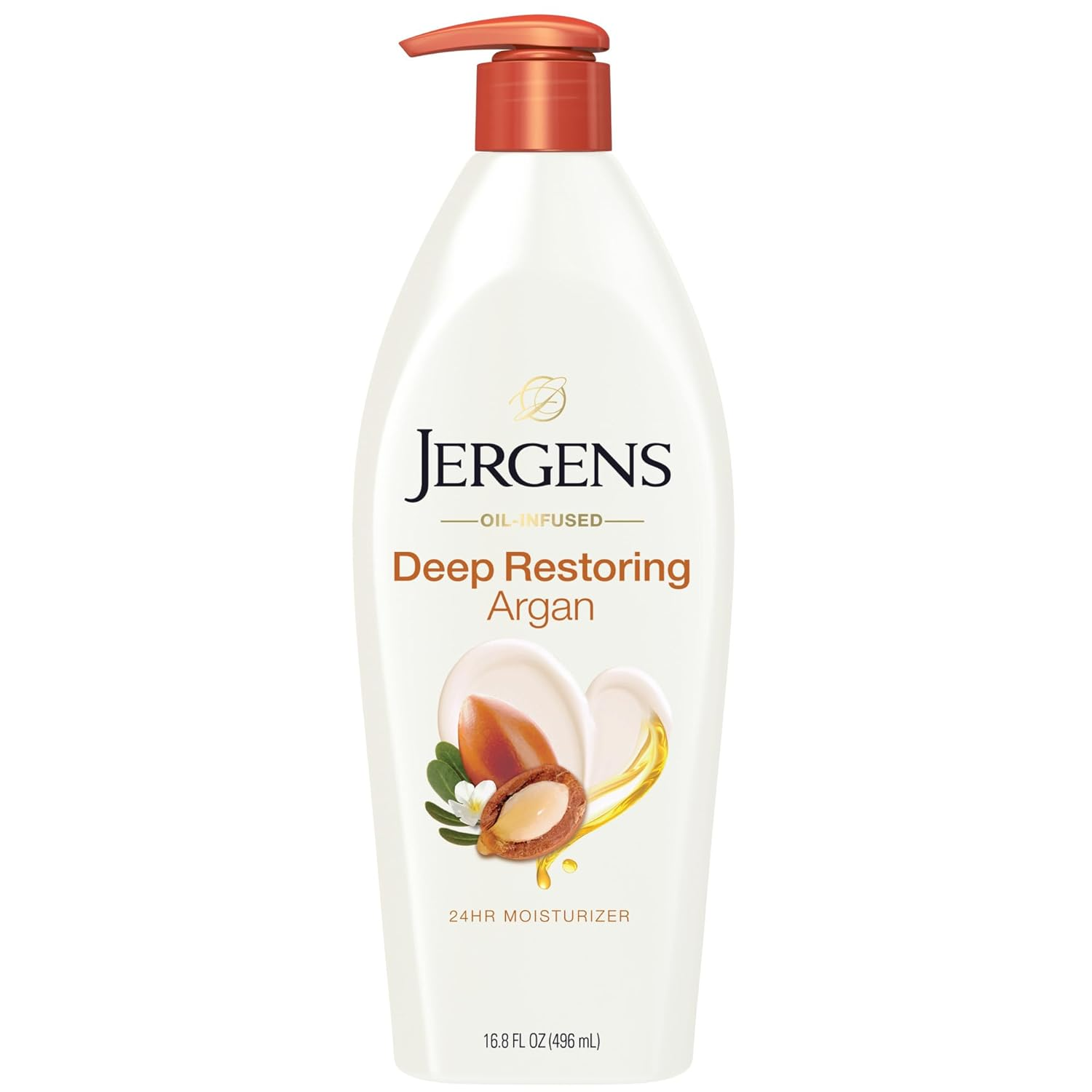 Jergens Deep Restoring Argan Oil Moisturizer, Soothing Body and Hand Lotion with Reviving Argan Oil and Vitamin E, Oil-Infused, Dermatologist Tested, 16.8 Oz