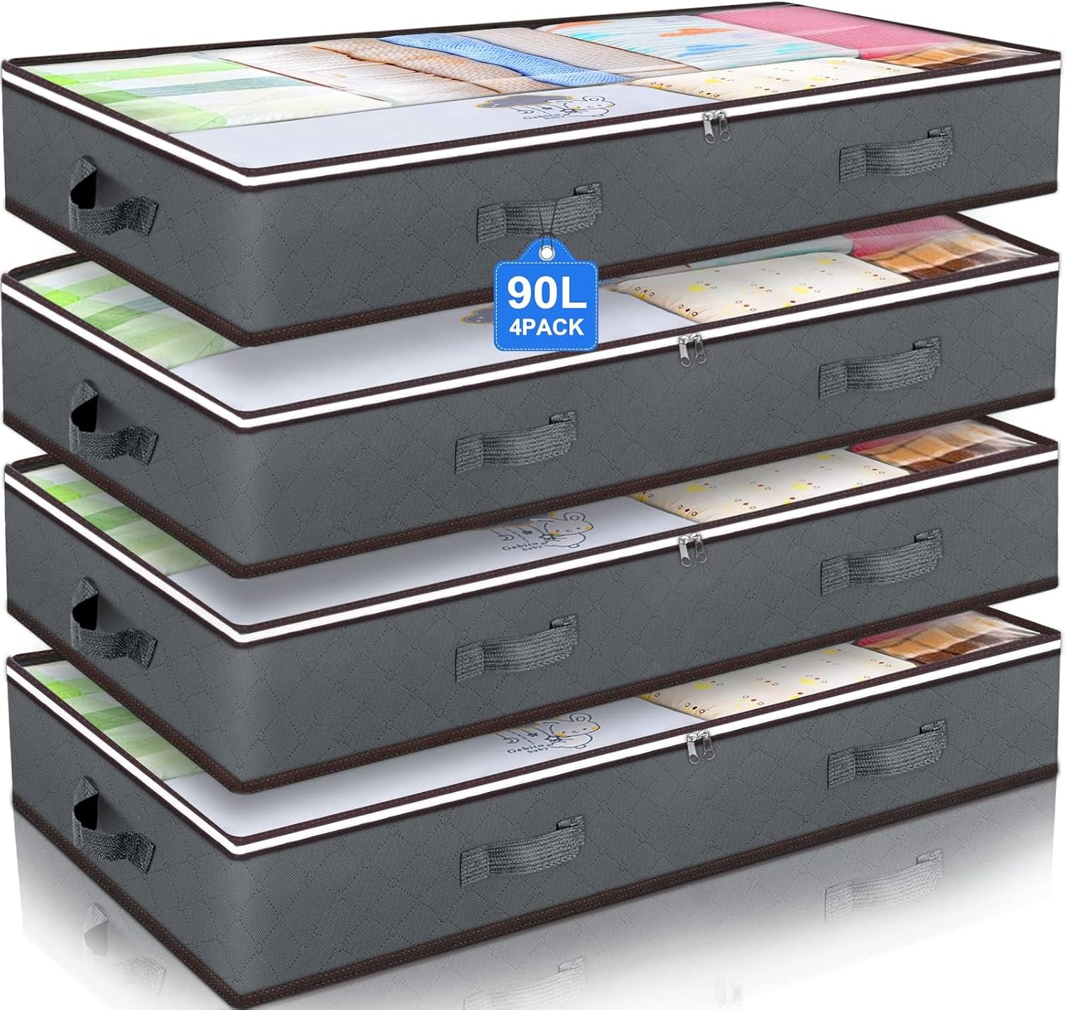 90L Under Bed Storage Containers, Closet Organizers and Storage Bins, Foldable Underbed Storage Bags for Wrapping Paper, Blanket, Clothing, Comforter, Sweaters, Pillows, Linen Sheets, Grey