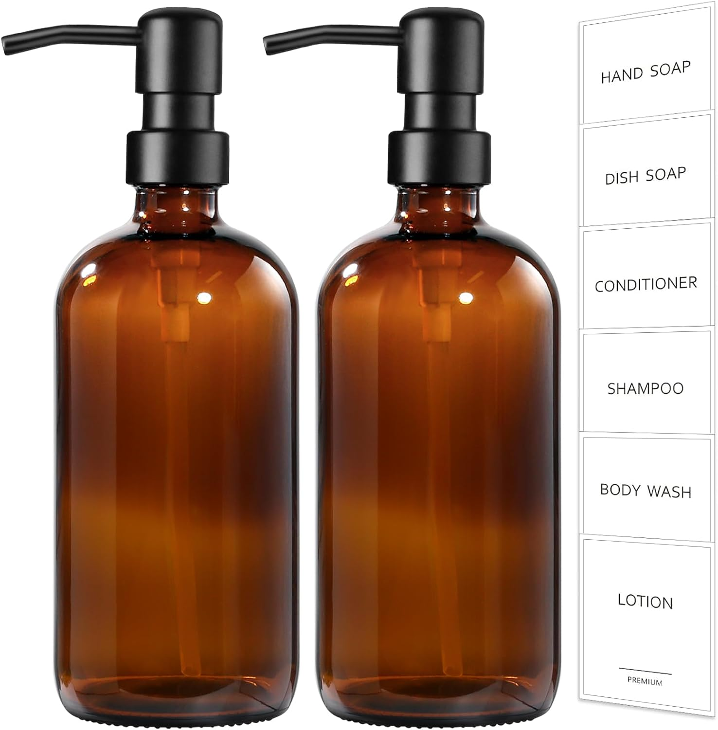 Amber Glass Soap Dispenser, 2 Pack Bathroom Hand Soap Dispensers with Stainless Steel Pump, 17 Fl Oz Kitchen Hand and Dish Soap Dispenser Set, Modern Vintage Liquid Brown Soap Dispensers Bottle