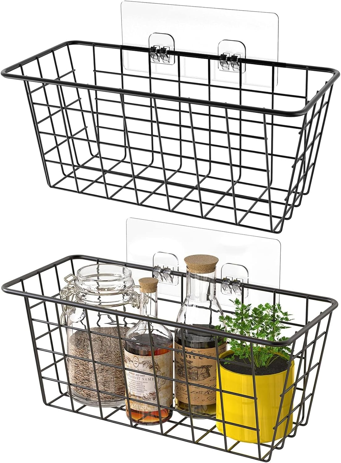 Hanging Kitchen Baskets Wire Storage Basket over the Cabinet Door Organizer, No Drilling Adhesive Basket for Cabinet Pantry Organization and Kitchen, Bathroom, Storage, 2 Pack, Black