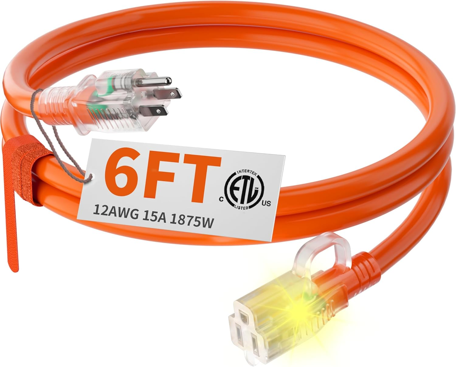 12/3 Gauge Heavy Duty Outdoor Extension Cord 6 Ft Waterproof with Lighted End, Flexible Cold-Resistant 3 Prong Electric Cord Outside, 15Amp 1875W 12AWG SJTW, Orange, ETL