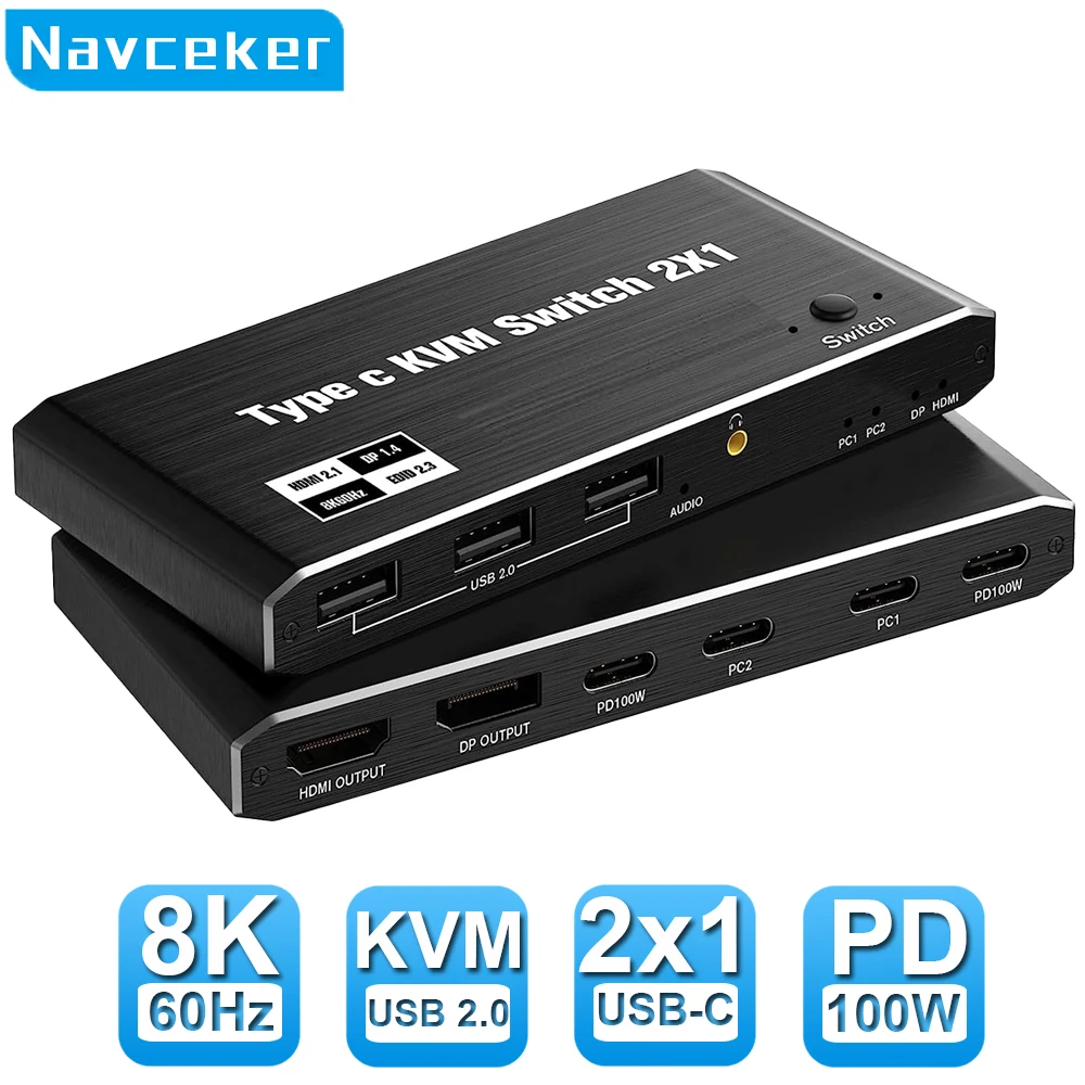 2x1 8K Thunderbolt 4 USB C KVM Switch 100W PD Charge 4K 144Hz Type C KVM Switch Switcher for 2 Laptop Macbook 1 Monitor