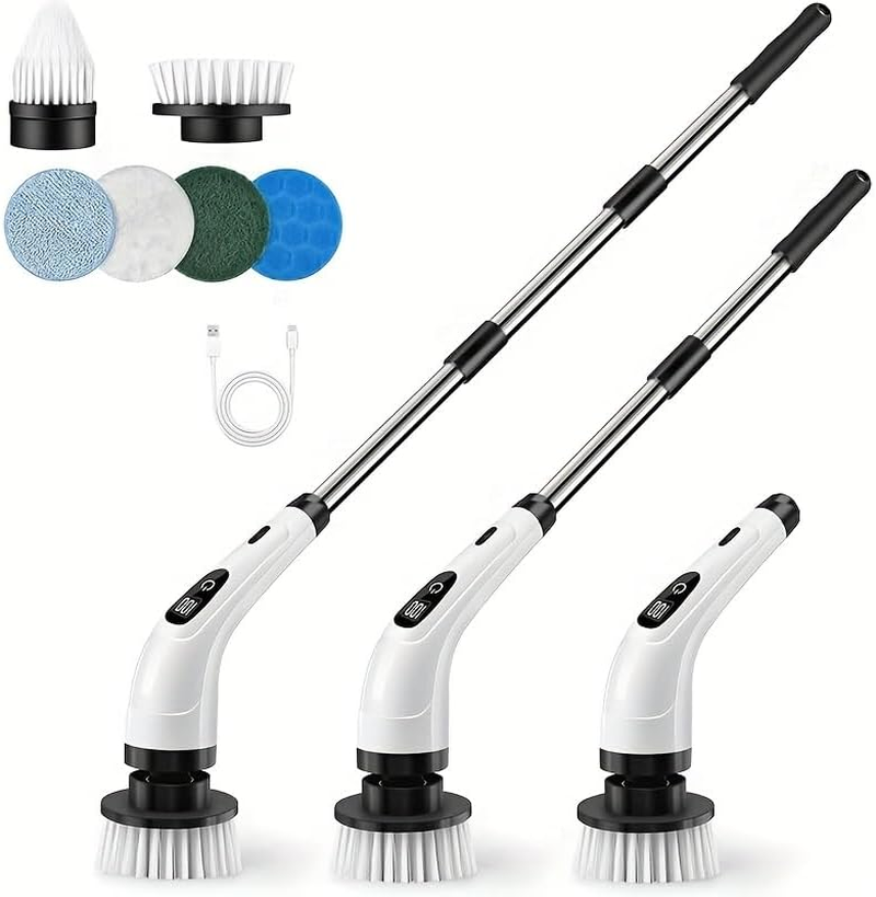 Electric Spin Scrubber Cordless - Lightweight Bathroom Cleaning Brush Scrubber with 6 Replaceable Brush Heads, Power Scrubber with 3 Speeds Tub and LED Display, 4000Mah (Classic White)