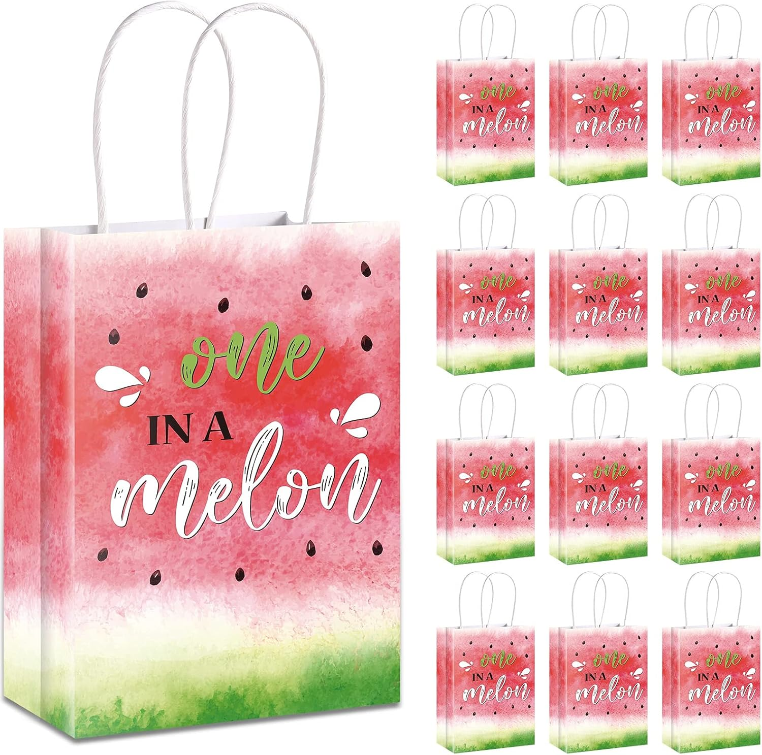 16 Pcs Watermelon Party Treat Bags Watercolor One in a Melon Goodie Candy Bags with Handles Watermelon Gifts Bag for Summer Birthday Baby Shower Party Favors Supplies, 6.3 X 3.1 X 8.7 Inch