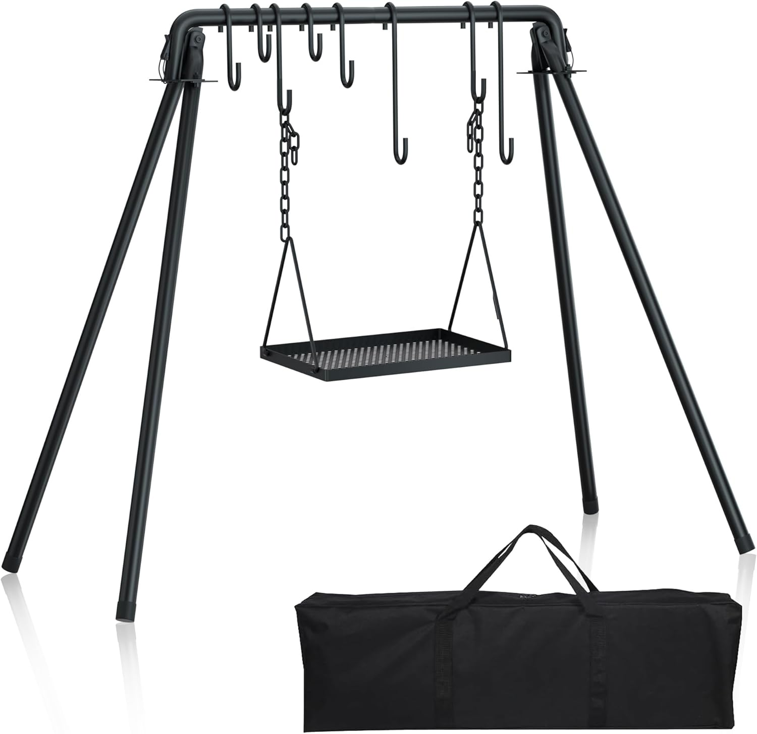 RELIANCER Grill Swing,Campfire Grill Cooking Stand W/8 Hooks & Storage Bag,Cast Iron BBQ Party Swing Grilling Cooking Rack,Outdoor Picnic Camping Cookware Hanging Rack,Collapsible Bonfire Barbecue Set