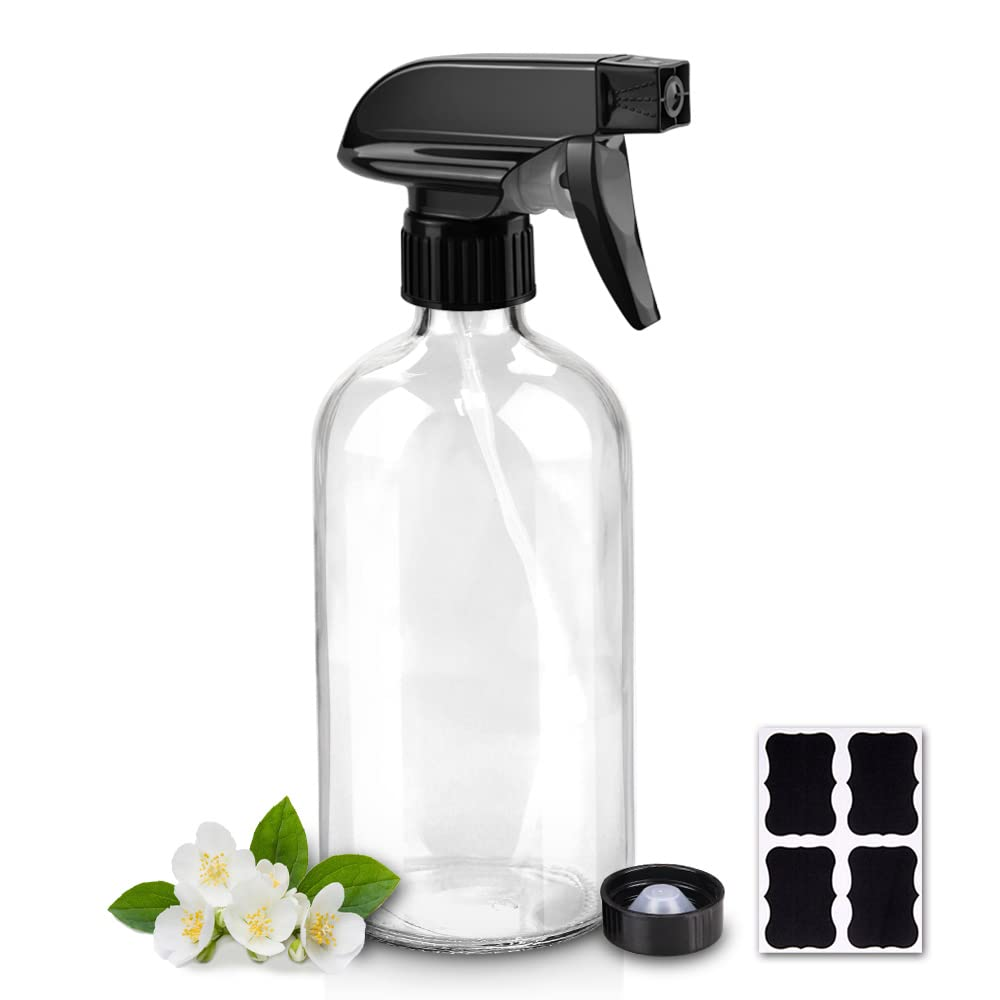 Glass Spray Bottles, 16Oz Refillable Containers, Empty Boston round Bottles with Labels & Adjustable Nozzle for Cleaning, Gardening, Aromatherapy, Pets, Plant, Hair -Clear (1 Pack)