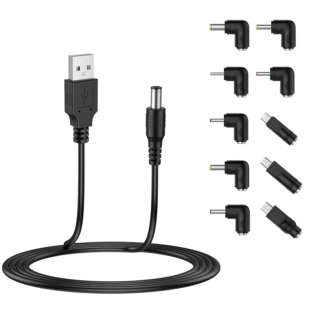 USB to DC 5V Power Cord, Universal DC 5.5X2.1Mm Plug Jack Charging Cable with 10 Connector Tips(5.5X2.5, 4.8X1.7, 4.0X1.7, 4.0X1.35, 3.5X1.35, 3.0X1.1, 2.5X0.7, Micro USB, Type-C, Mini USB)5FT