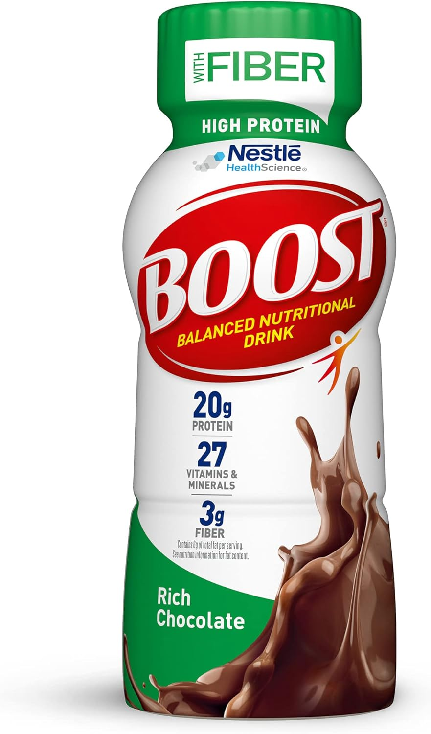 BOOST High Protein with Fiber Ready to Drink Complete Nutritional Drink, Rich Chocolate, 8 Fl Oz Bottle, 24 Pack