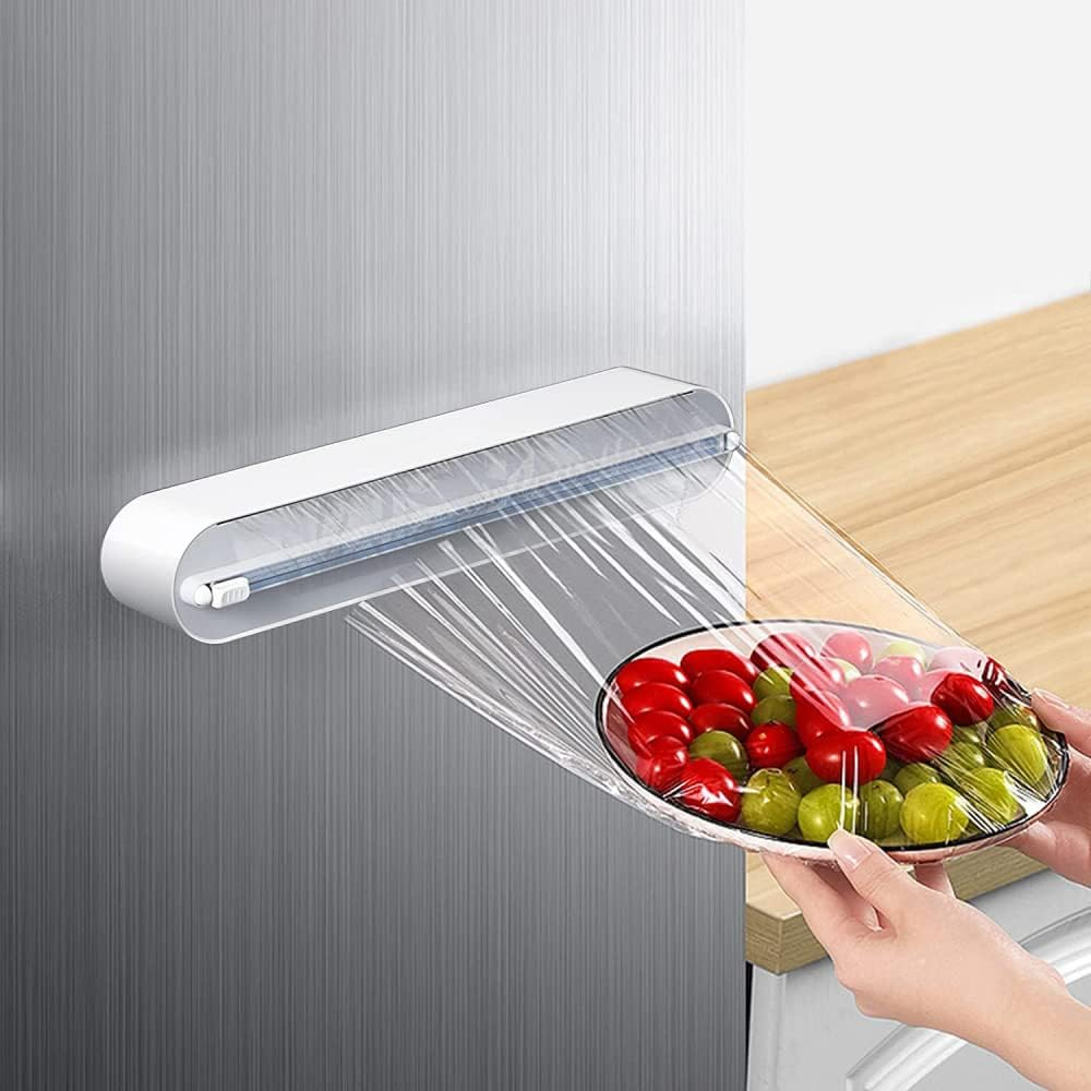 Refillable Magnetic Plastic Wrap Dispenser with Slide Cutter, Sturdy Food Cling Film Cutter, Press and Seal Wrap, 12