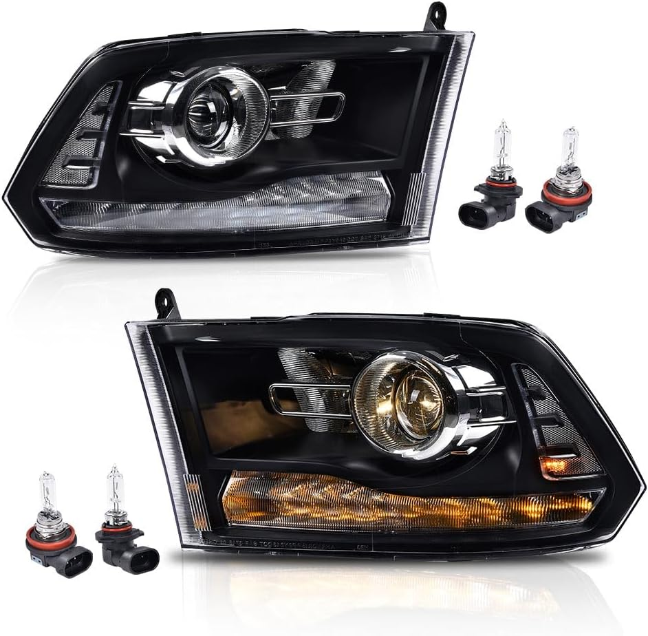 LED Bar Headlights Assembly Front Headlamp Compatible with Dodge Ram 1500 2500 3500 2013-2018,Clear Lens Black Housing Clear Reflector