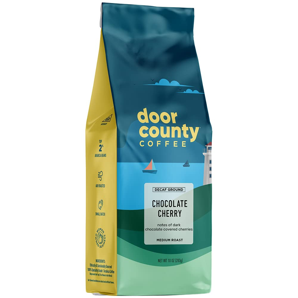 Door County Chocolate Cherry Decaf - Ground, Medium Roast - 100% Arabica - Flavored Coffee, 10Oz Bag