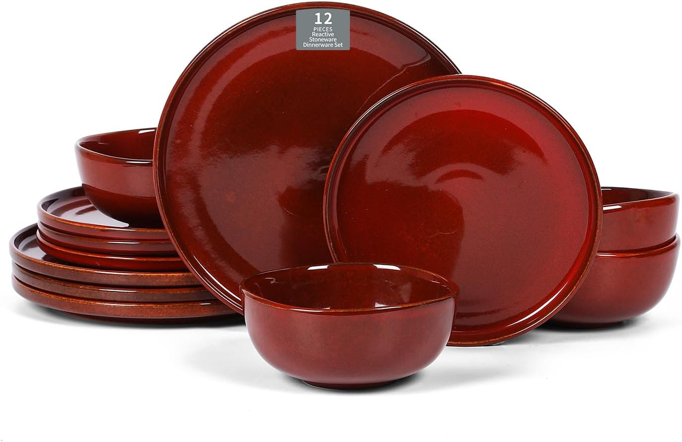Ceramic 12 Pieces Dinnerware Set - Dinner Plates Salad Plates Cereal Bowls Set Service for 4 - Scratch Resistant Microwave Oven Dishwasher Safe - Cherry Red