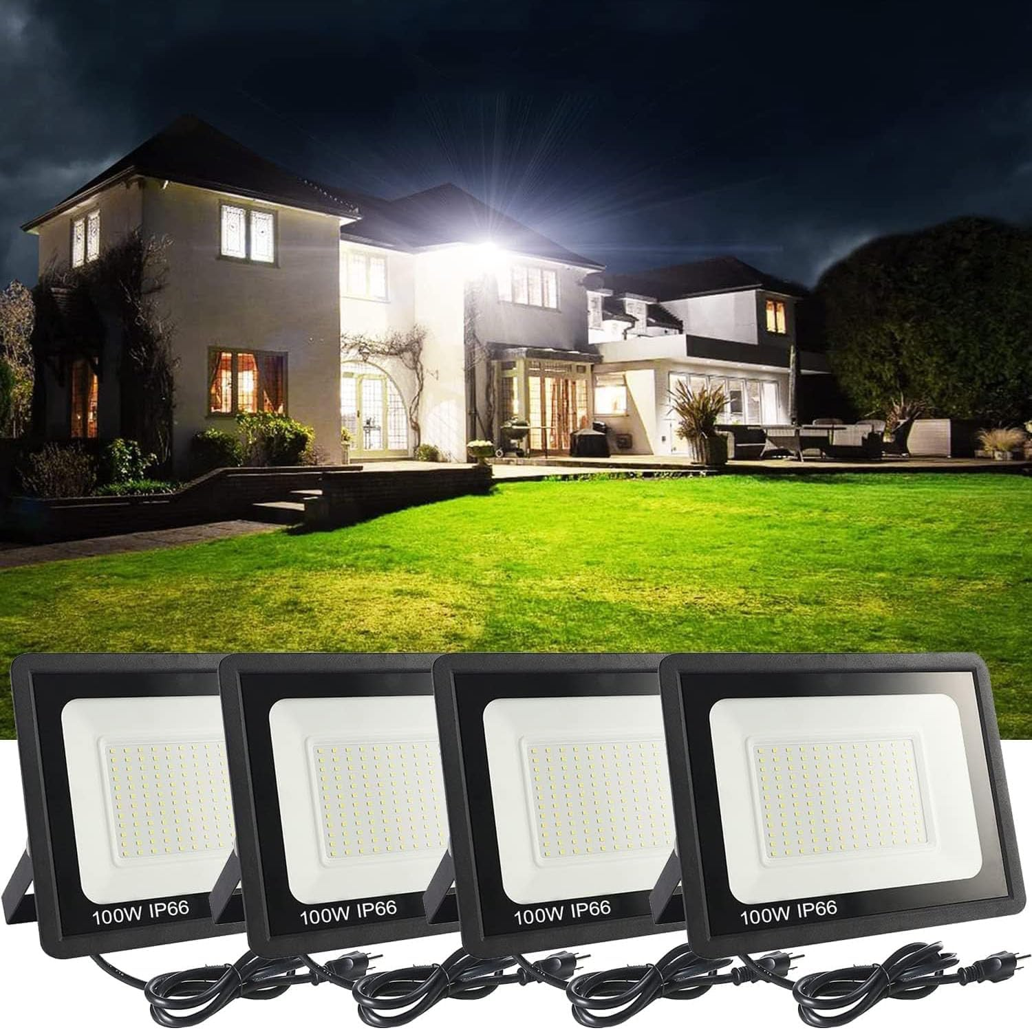4Pack LED Flood Light Outdoor,100W LED Work Light 11000Lmwith 6FT US Plug,Ip66 Waterproof Exterior Security Lights,6000K Daylight White outside Floodlights Slim Design for Playground Yard