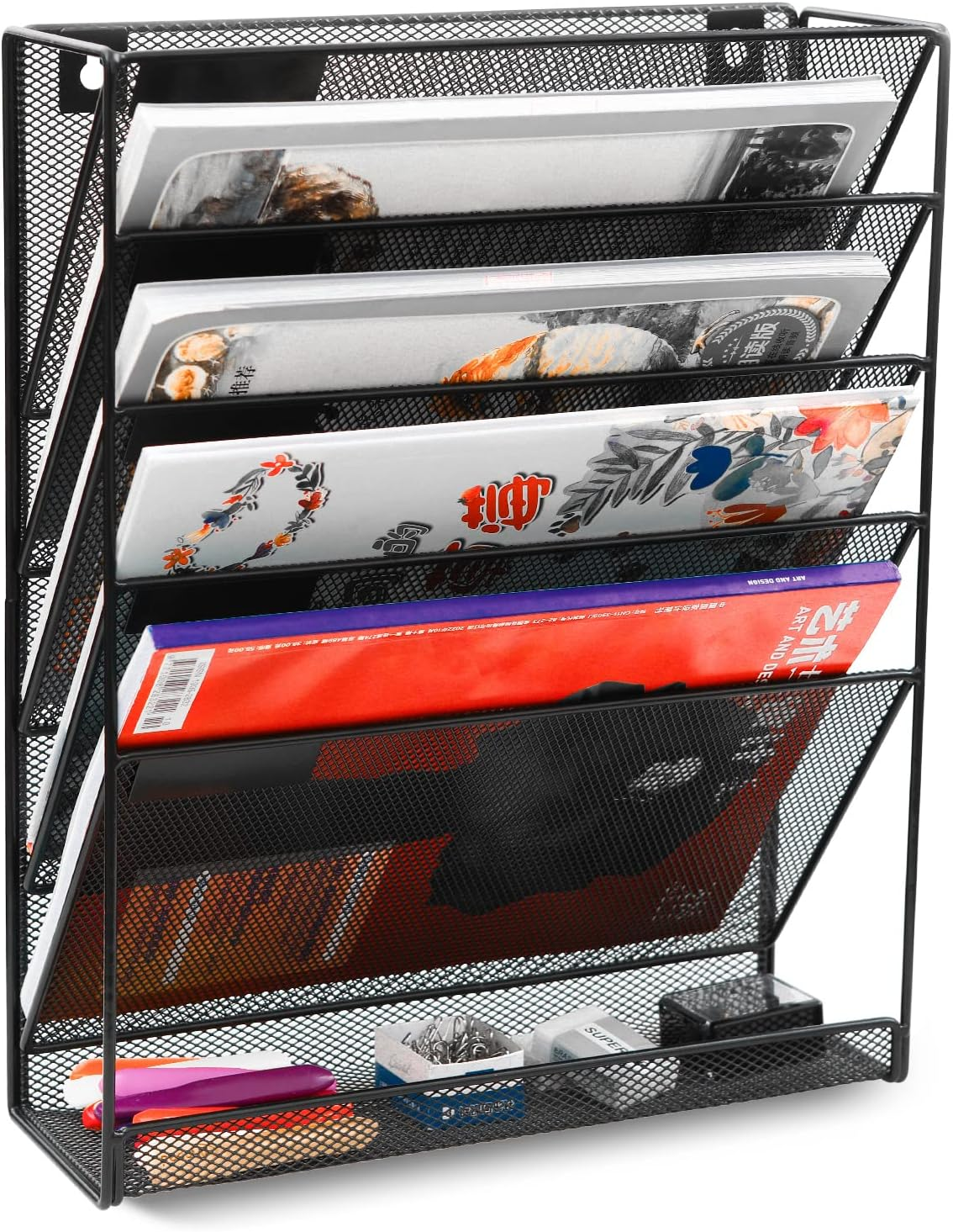 Wall File Holder 5 Tier Vertical Hanging File Organizer Wall Mount Paper Folder Rack with Bottom Flat Tray for Office and Home,Black