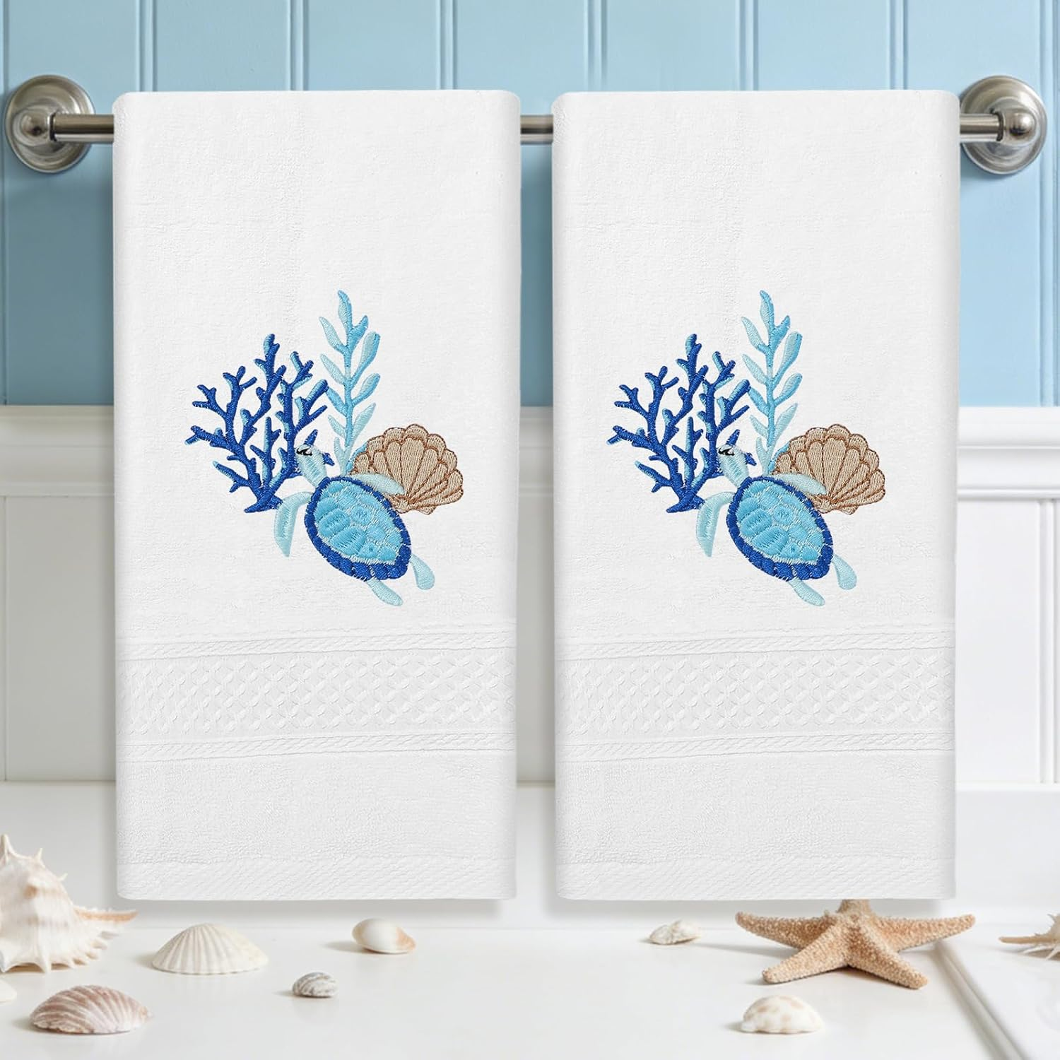 2Pcs Coastal Hand Towels for Bathroom Sea Turtle Seashell Cotton Towel 13.7 x 29