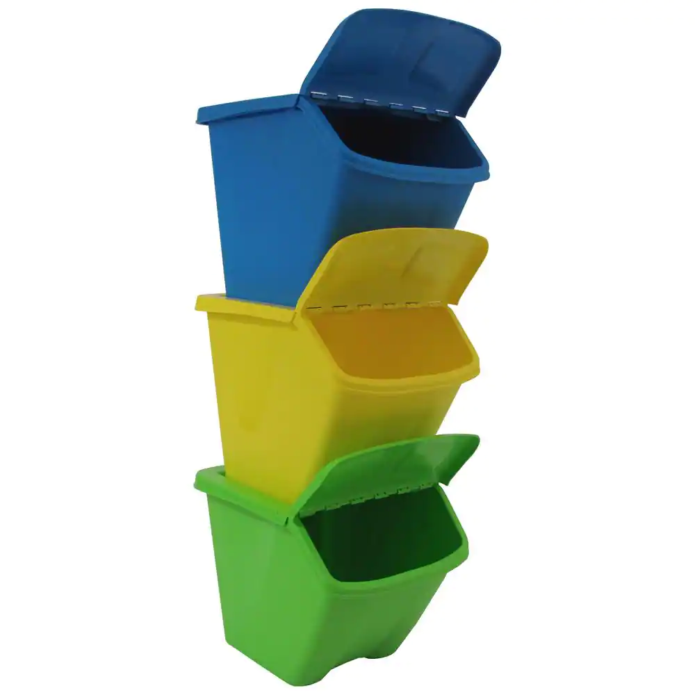 30 Gal Recycling Bin Multi-Color Stackable Outdoor Angled-Lid Hold Open 3 Pack
