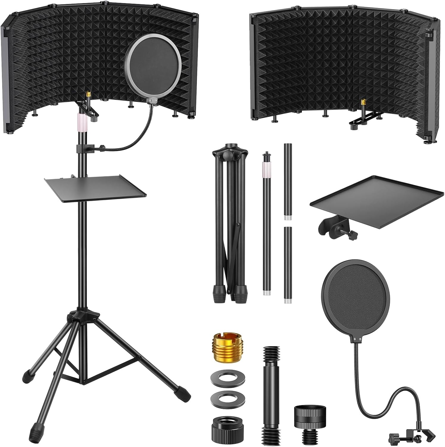 Studio Recording Microphone Isolation Shield with Pop Filter &Tri-Stand Kit and Phone Clip Foldable Triple Layer Sound Proofing,5-Sided Studio Mic Cover for Recording,Podcasting,Streaming,Singing