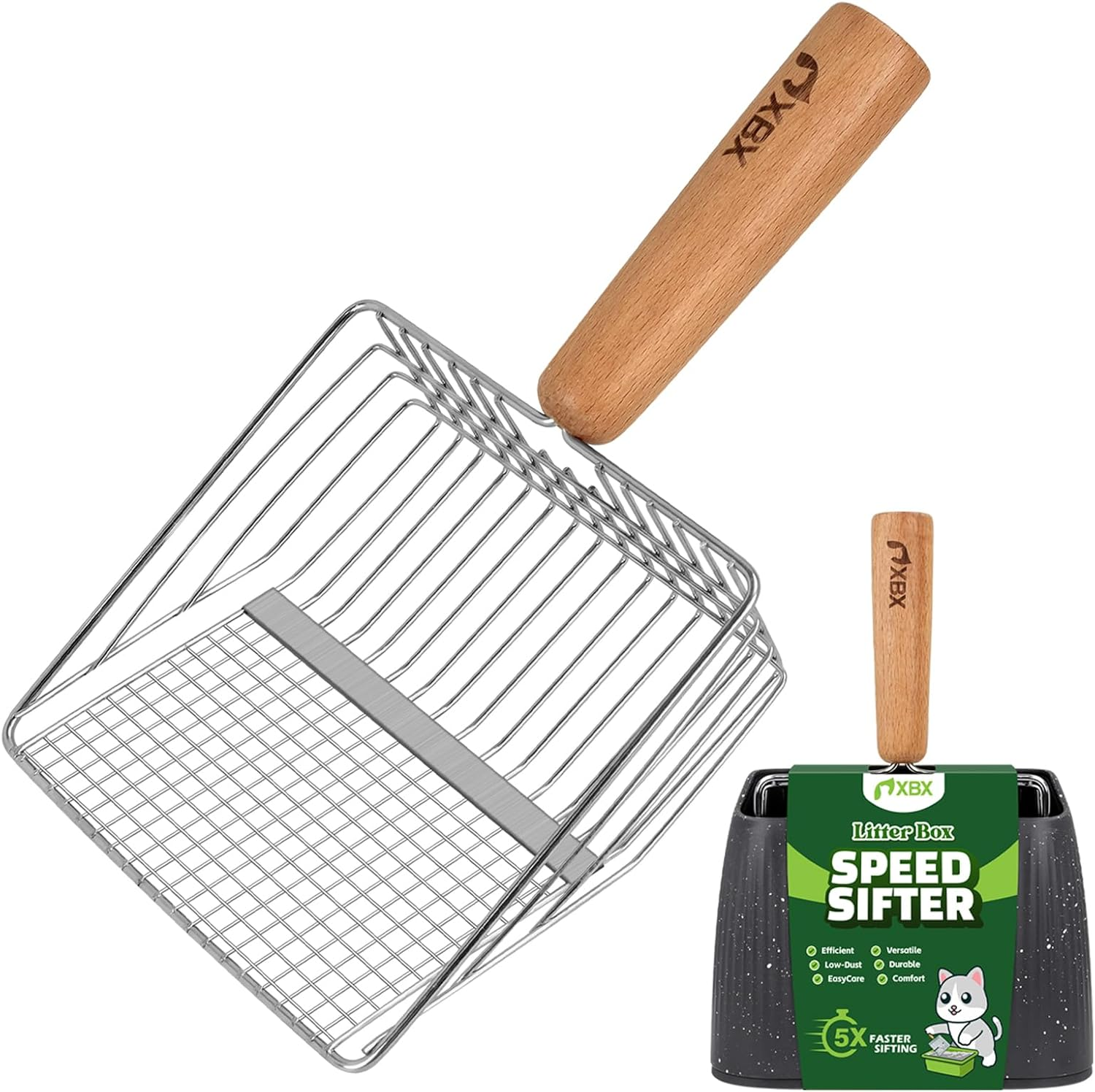 Cat Litter Scoop with Holder, Heavy Duty Litter Sifter, Stainless Steel Litter Shovel, Litter Scooper with Beech Wood Grip and Washable Stand, Perfect for Cat Litter Box Cleaning