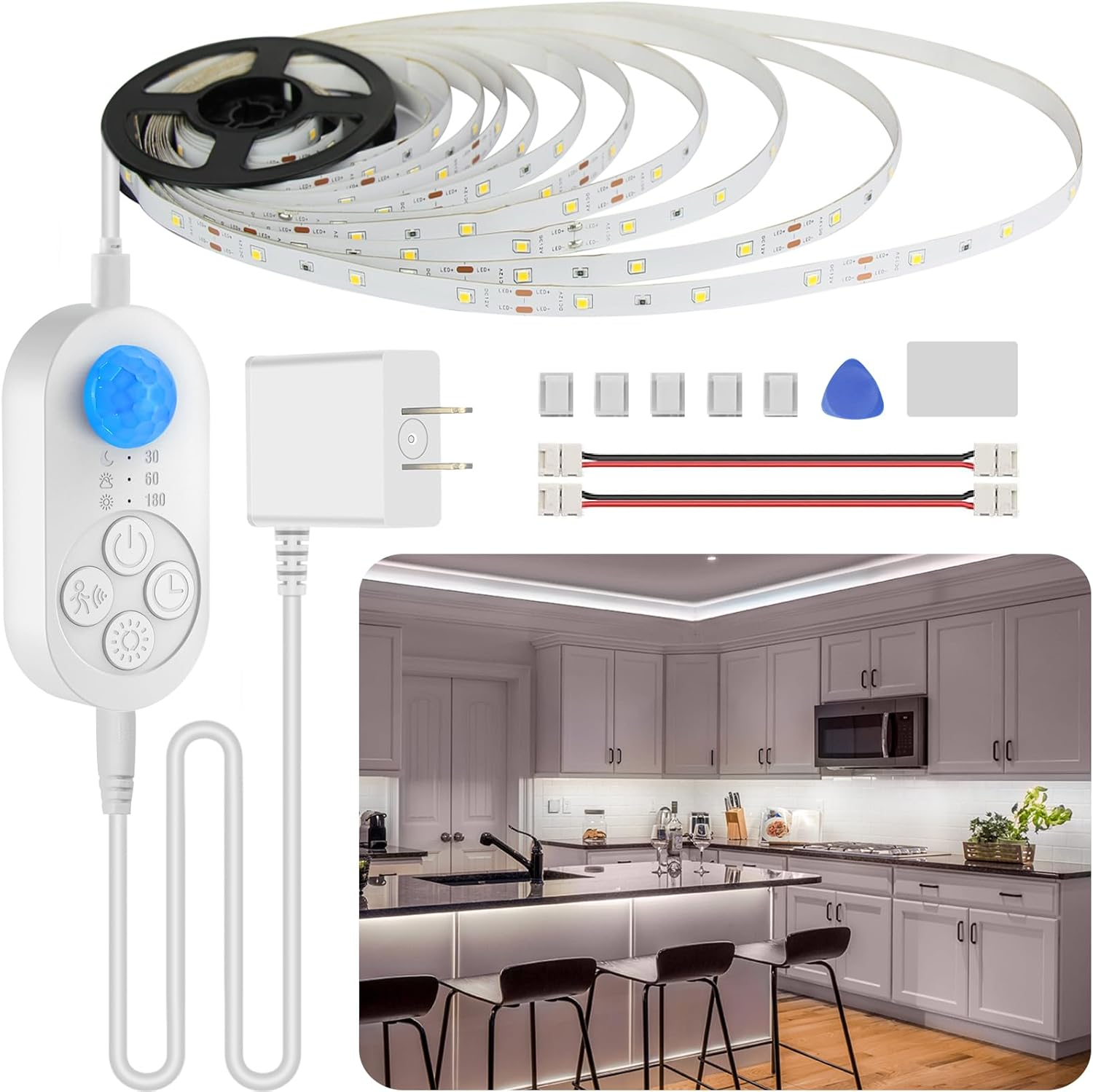 Motion Sensor under Cabinet Lights Plug-In LED Strip Lights Indoor Cold White 6000K Super Bright 2000Lm with 12V Adapter, Dimmer and Timer for Kitchen Cabinet, Shelf, Wardrobe, Stairwayâ€¦