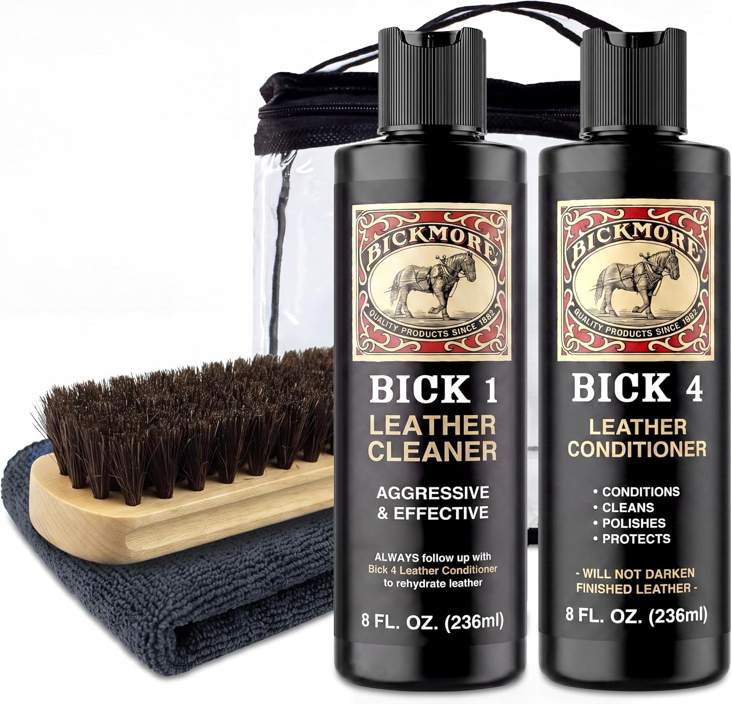 Leather Care Kit, Bick 1 Leather Cleaner, Bick 4 Conditioner, Brush & Cloth