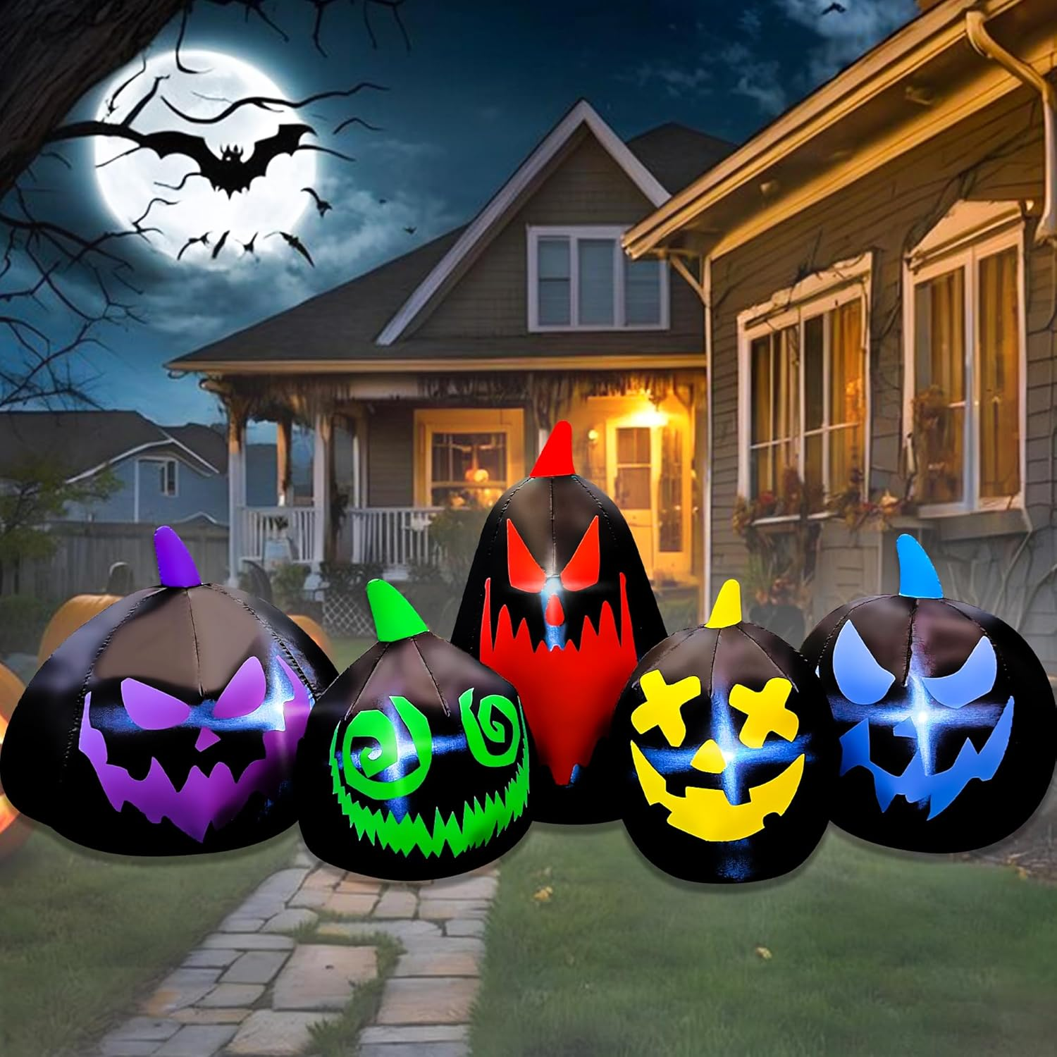 Halloween Inflatables 8 FT Black Pumpkin Family Decoration Halloween Outdoor Blow up Decor with LED Lights Inflatable Pumpkin for Party Yard Lawn Garden Holiday Décor