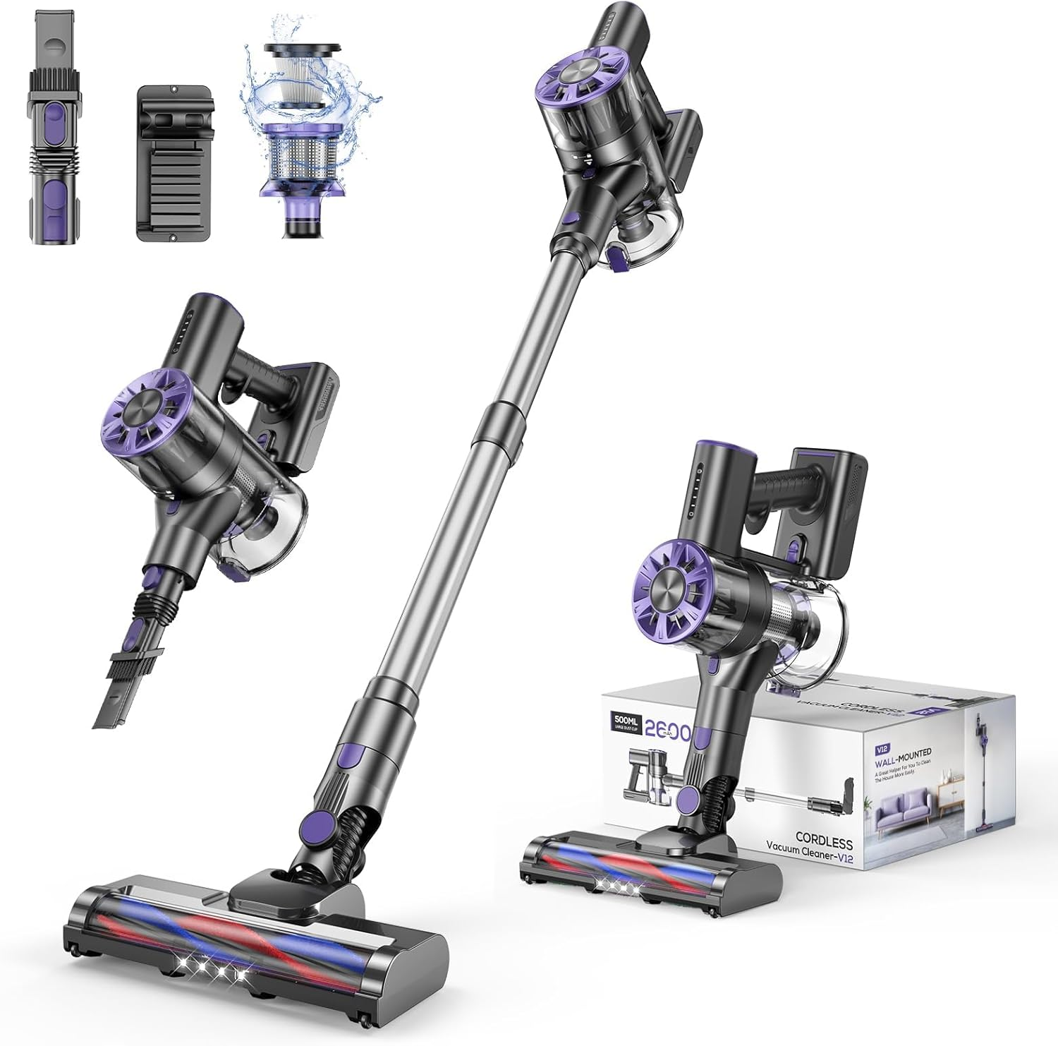 Cordless Vacuum Cleaner for Home, 80,000PRM Powerful 4 in 1 Lightweight Stick Vacuum with 2 Adjustable Suctions, Max 40 Mins Runtime, 2600Mah Rechargeable Vacuum Cleaners (Indigo Purple)