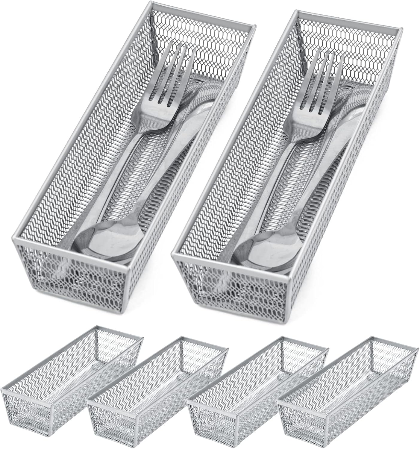 Silverware Organizer,Mesh Drawer Organizer for Kitchen，Metal Utensil Organizer for Flatware, Knives, Spoons,Cosmetic (Silver 9 * 3 * 2 Inch Pack6)