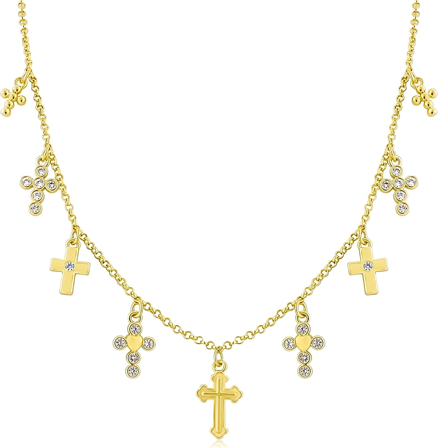 Gold Charm Necklace for Women 14K Gold Plated Cute Cubic Zirconia Rainbow Flower North Star Love Heart Cross Pendant Necklace Adjustable Chain Trendy Party Jewelry Gift for Women