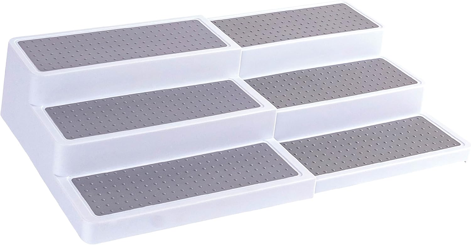 3â€“Tier Expandable Plastic Spice Rack - Adjustable Length, Stability with Non-Skid Shelf, Three Tiers for Easy Visibility, Organizer for Kitchen Cabinet, Pantry or Countertop, White/Grey