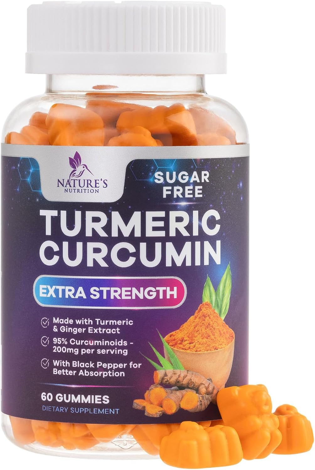 Turmeric Supplement Gummies Sugar Free - Turmeric Curcumin and Ginger Gummies with Black Pepper Extract for High Absorption, Turmeric Curcumin Gummy for Joint Support, Non-Gmo, Gluten Free, 60 Count