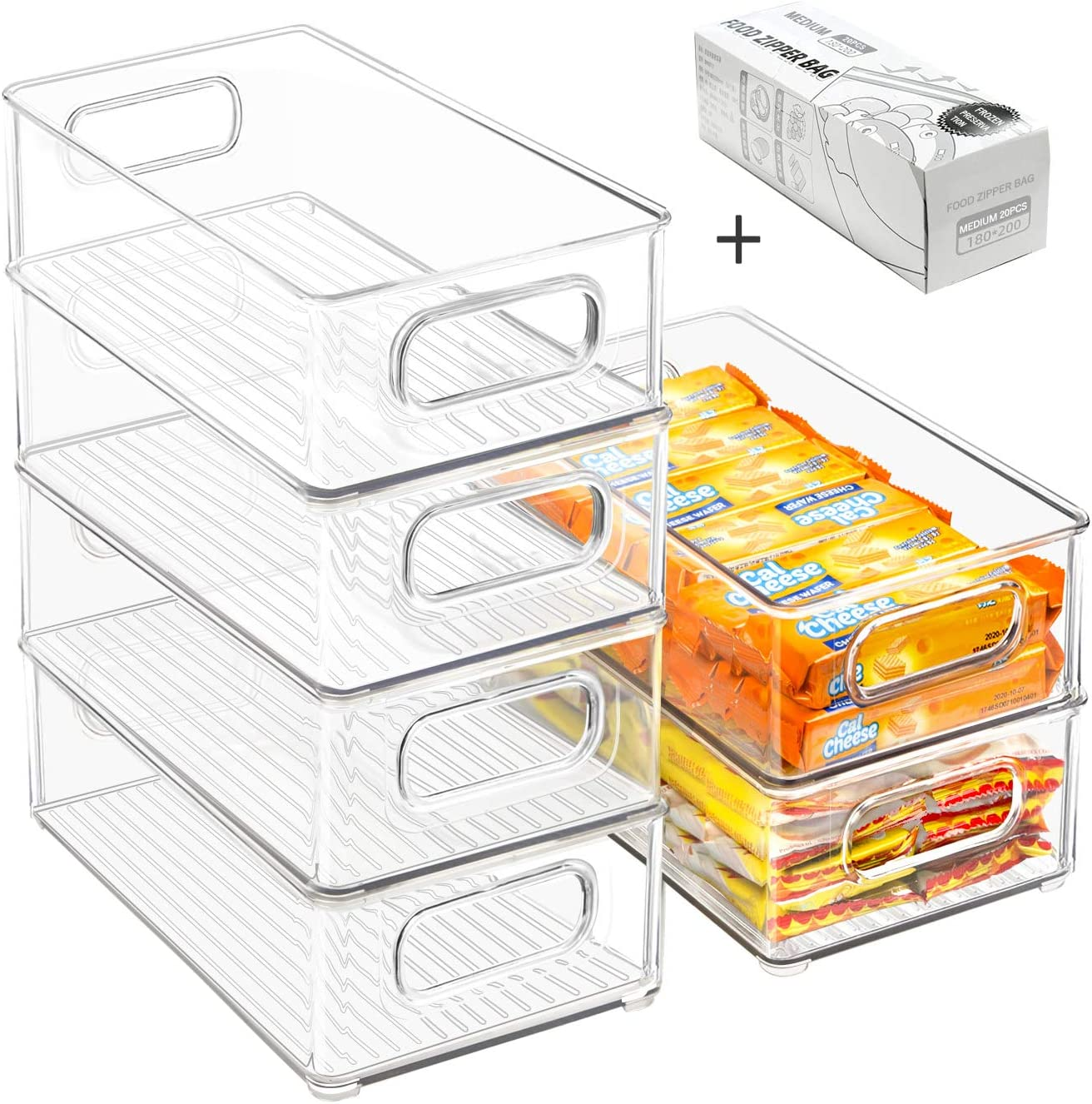 Stackable Refrigerator Organizer Bins, 6 Pack Clear Kitchen Organizer Container Bins with Handles and 20 PCS Plastic Bags for Pantry, Cabinets, Shelves, Drawer, Freezer - Food Safe, BPA Free 10