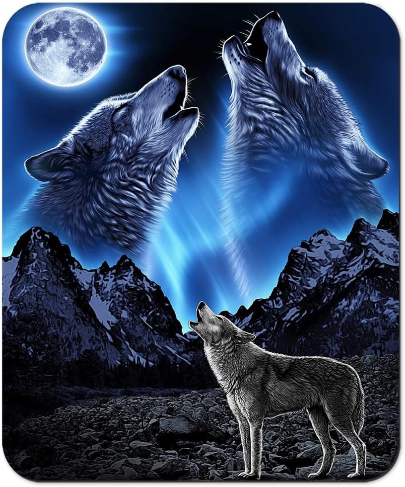 Cool Wolves Howling at The Moon Rectangle Mouse Pad, Grey Wolf Bright Moonlight Great Mountain Mouse Pads Custom Design