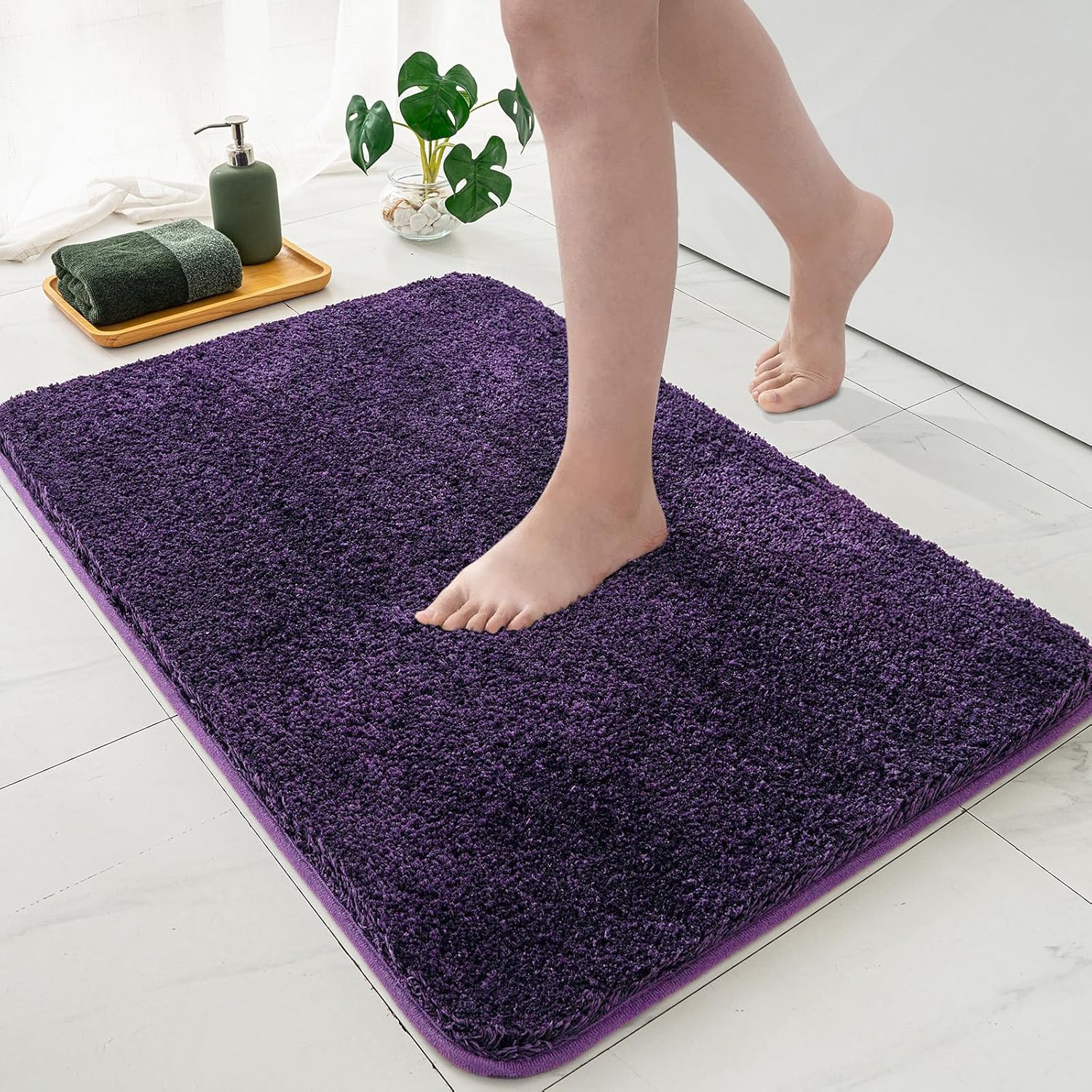 Bathroom Rug - Large Absorbent Bath Mat Made of Thick Fluffy Microsiber for Bathroom Floor, Tub, Kitchen and Hallway, Non Slip Rubber Backside, Machine Washable - Dark Purple, 24X36 Inches