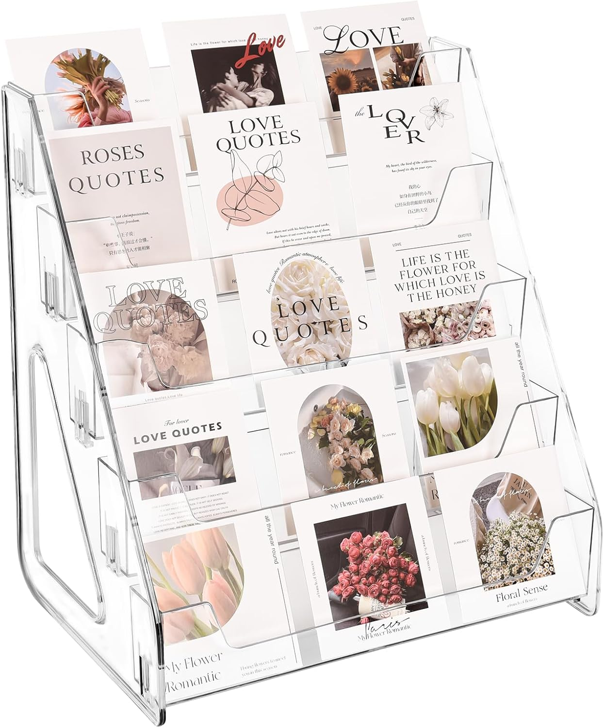 Upgraded 5 Tier Acrylic Card Display Stand, Clear Display for Greeting Cards, Sports Cards, Postcards, Stickers & Brochures, Easy Snap-On, Increased Height & Thickness for Better Presentation