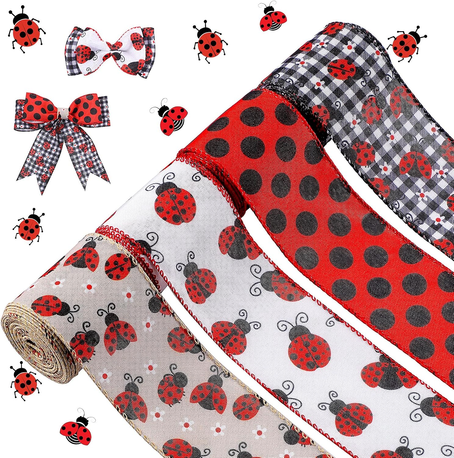 WILLBOND 4 Rolls 2.5 Inch X 24 Yard Ladybugs Ribbons Ladybug Wired Ribbon Red Polka Dot Wired Edge Ribbon for Ladybug Party Decoration