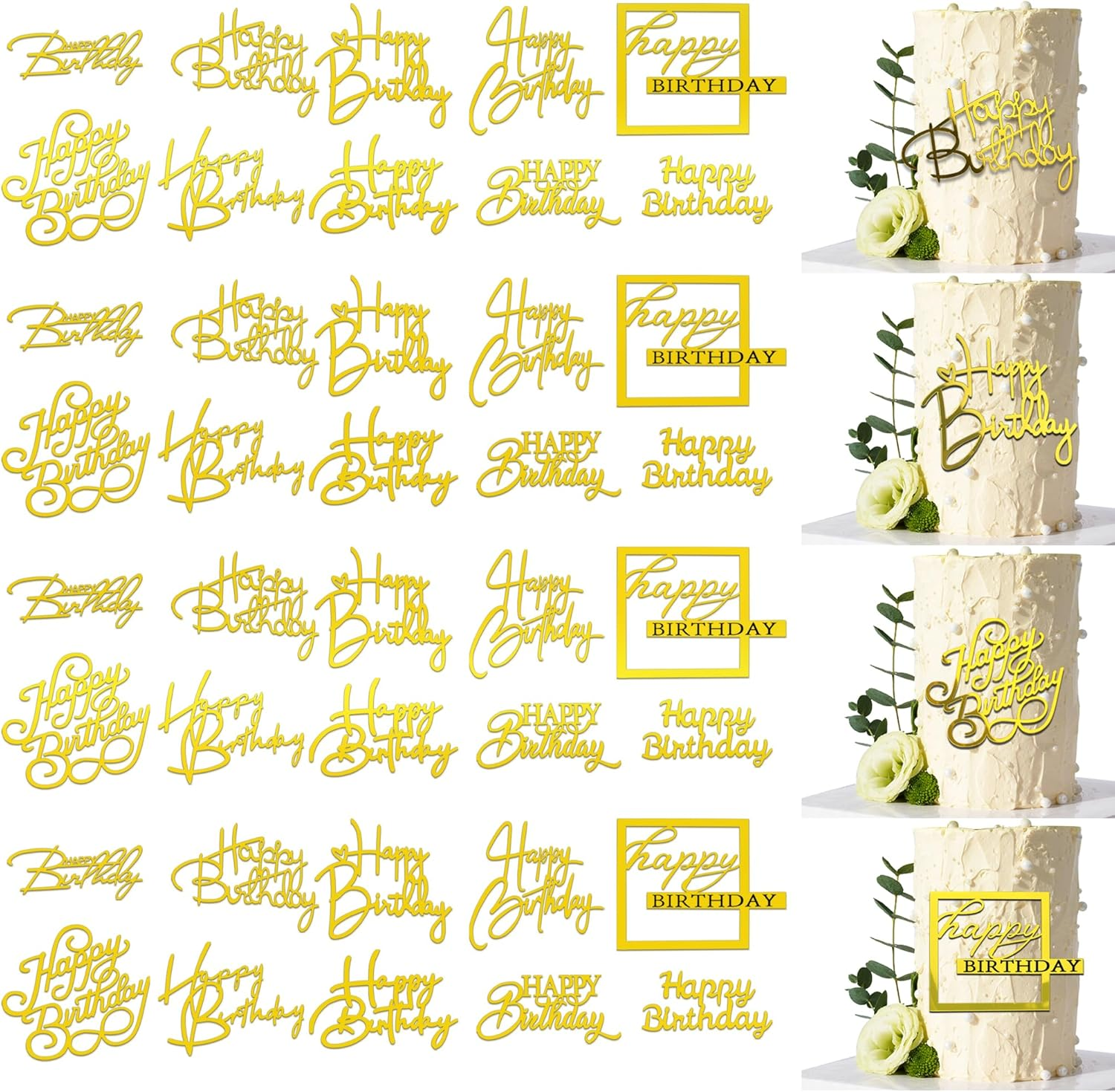 40 PCS Gold Happy Birthday Cake Toppers Mirror Acrylic Toppers with 10 Styles or Birthday Party Cake Desserts Pastries