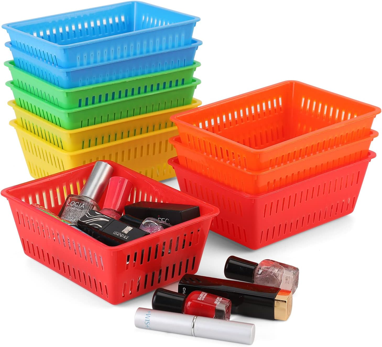 10 Pack Mini Storage Baskets Bins, Plastic Organizer Basket, Colorful Shelf and Desk Make-up Storage Crate Organizing Containers, Ideal for Home Classroom Office Organization. 6.1