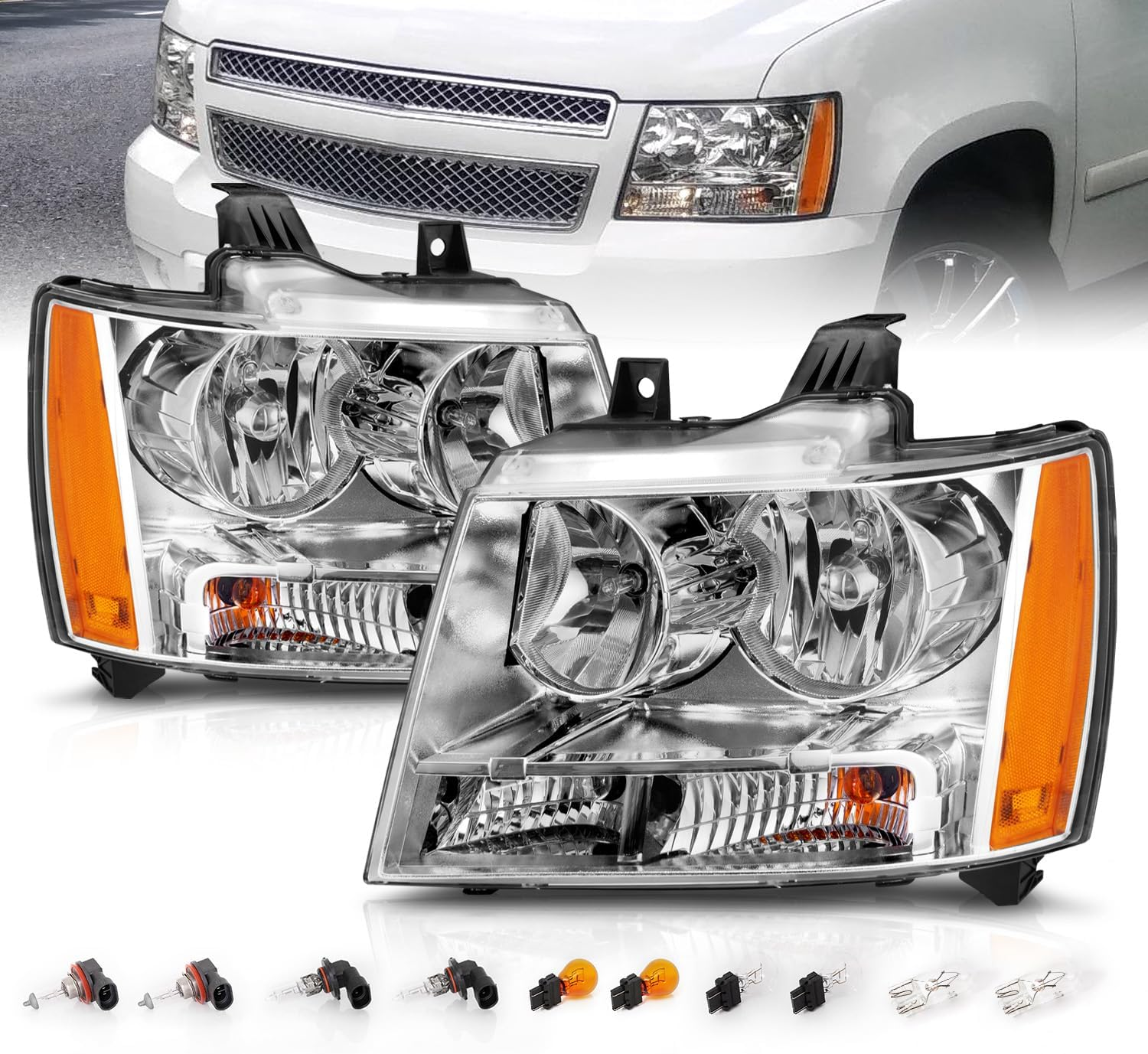 for Chevy 07-13 Tahoe/Suburban/Avalanche Factory Style Chrome Halogen Replacement Headlights Pair - Driver and Passenger Side