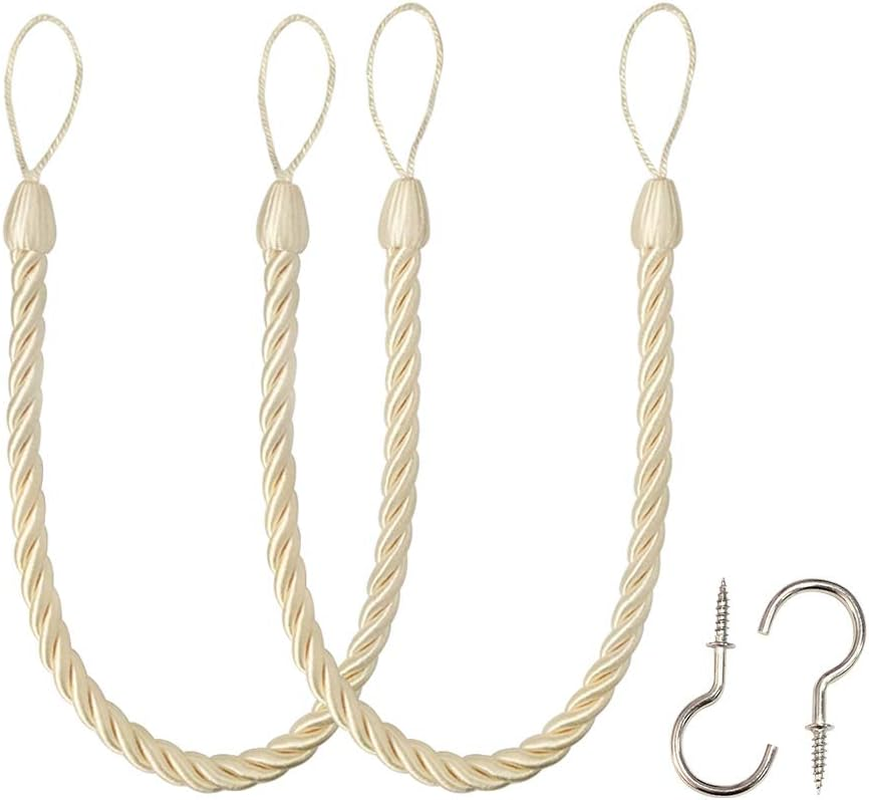 Curtain Ropes Tiebacks Tie-Backs, Curtain Handmade Holdbacks with 2 Metal Screw Hooks (Beige, 2pack)
