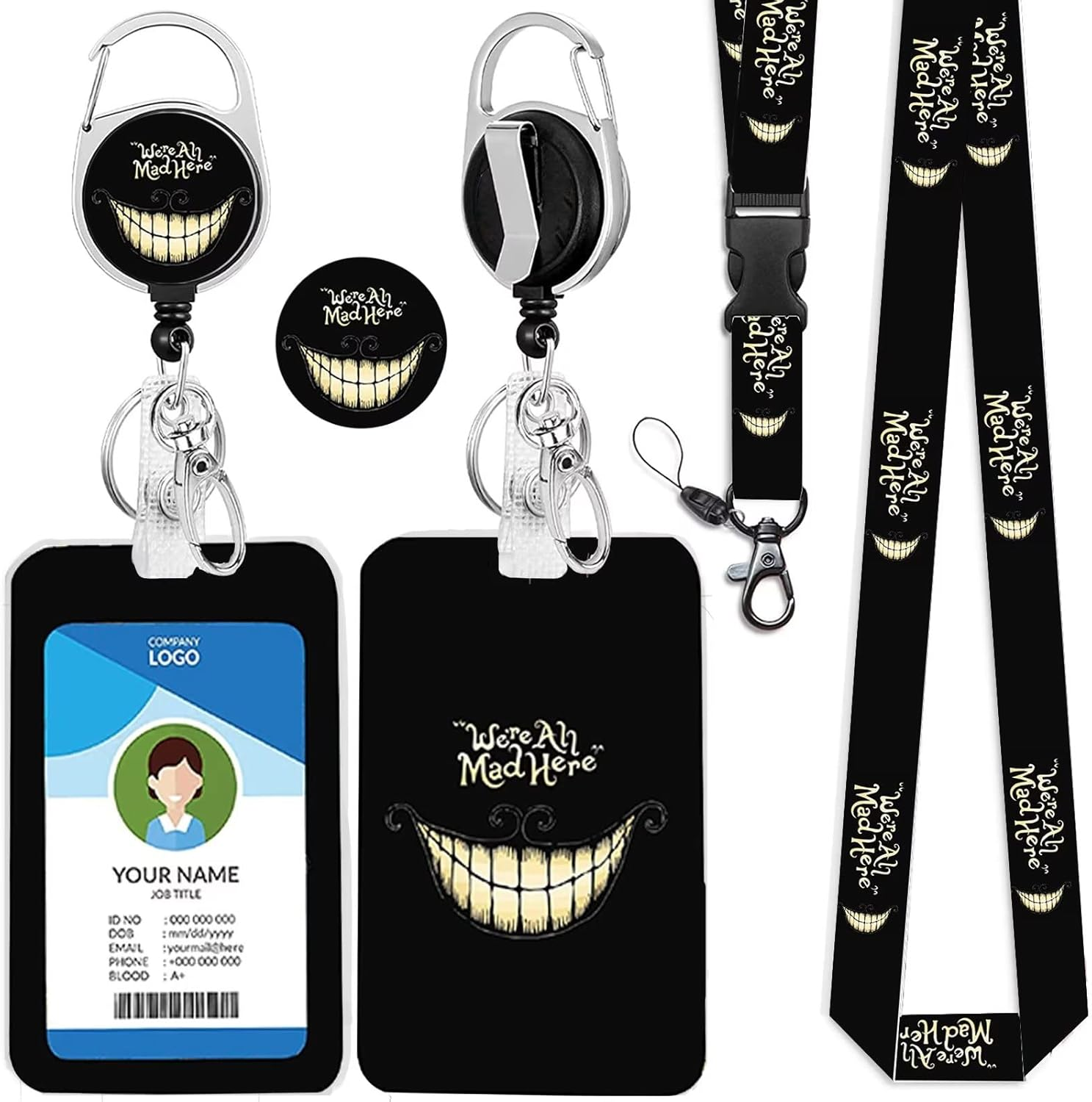 Funny Badge Holder with Lanyard,Breakaway Lanyards for Id Badges Keys, Halloween Alice in Wonderland Cheshire Cat We are All Mad Here Badge Reel Badge Clip Retractable for Teacher Nurse