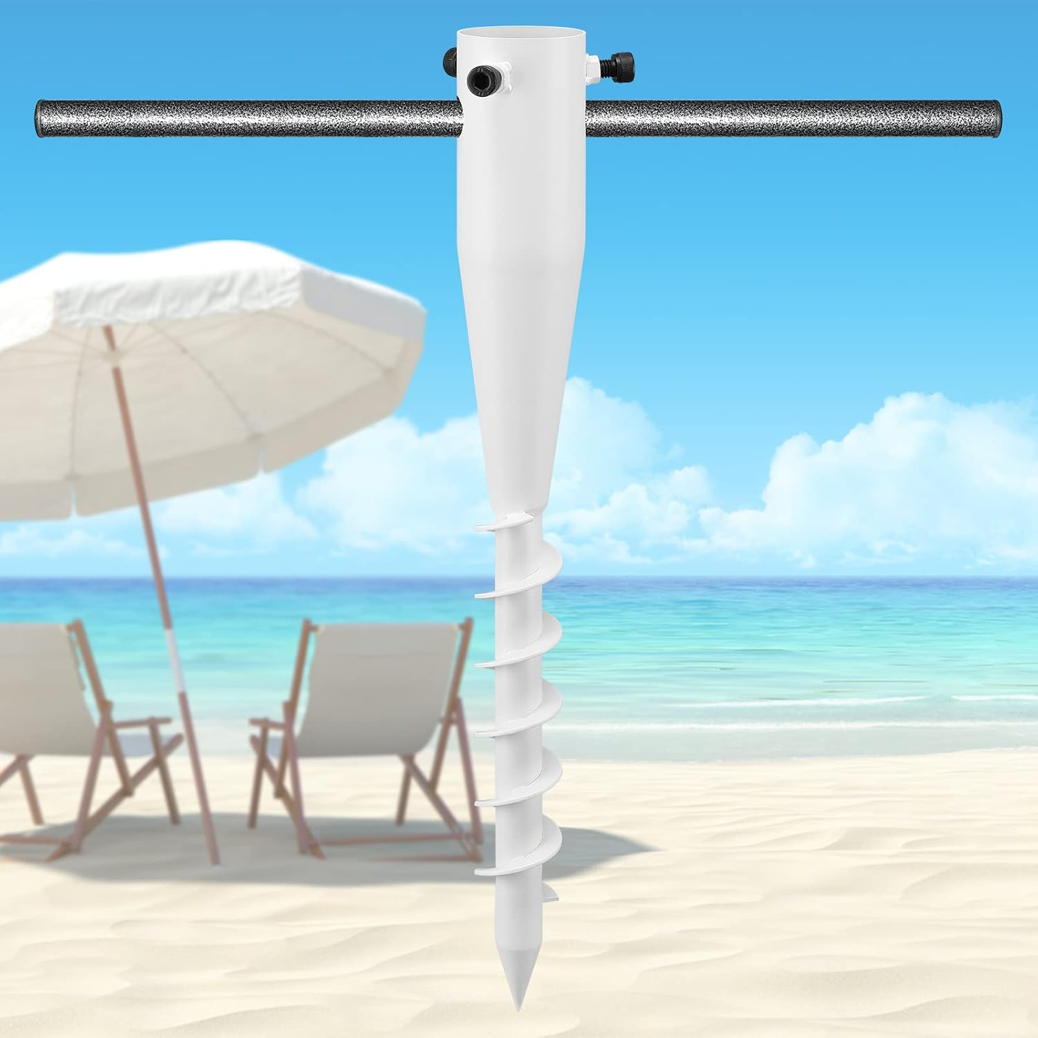 Beach Umbrella Sand Anchor,17 Inches Heavy Duty Metal No Dig Beach Sand Ground Anchor,Windproof Umbrella Holder for Use in Ground, Soil, Grass, Sand (White,1Pcs)