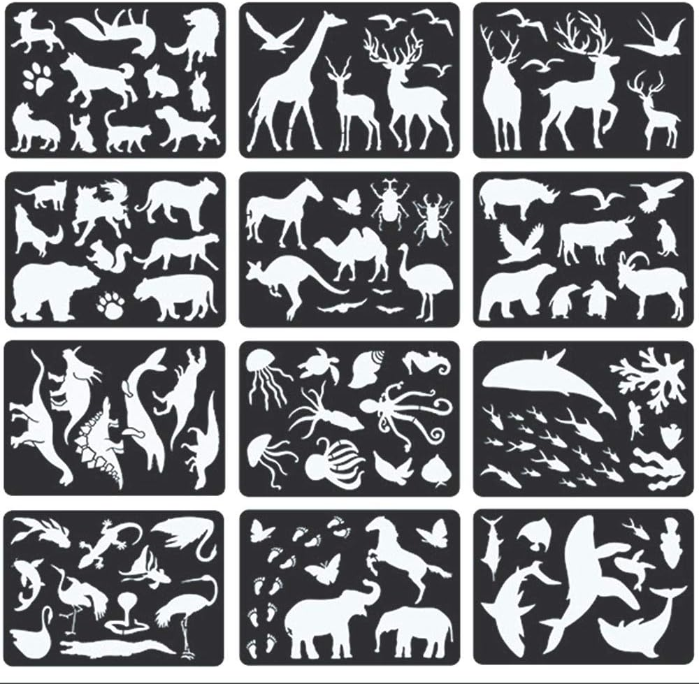 12PCS Animal Plastic Stencils Reusable Journaling Drawing Template for Children Creation, Painting Education, School Projects, Scrapbooking, Kids DIY Crafts