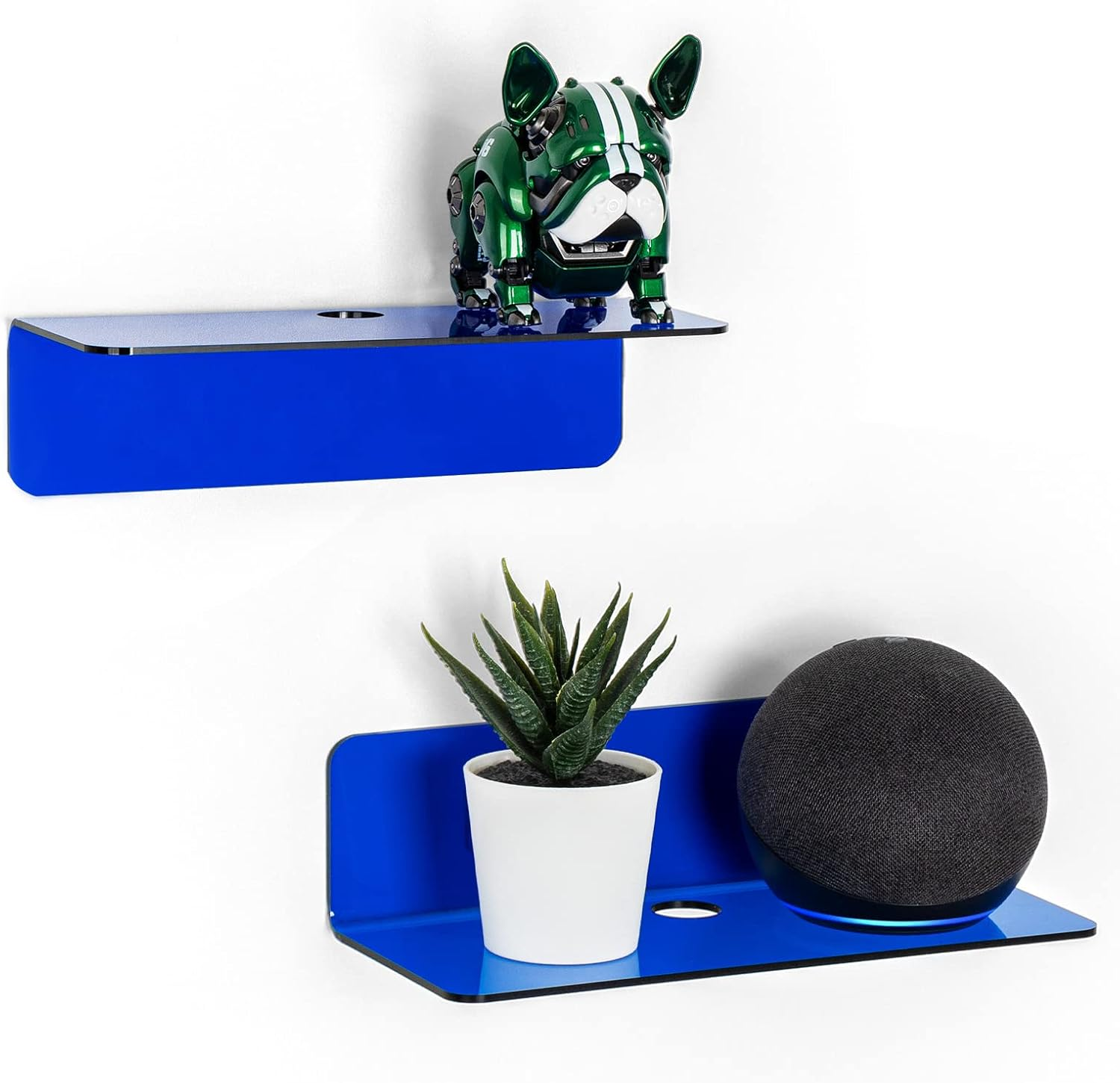 Small Floating Wall Shelves Set of 2 - Personalize&Easily Expand Wall Space - 9 Inch Acrylic Wall Shelf for Bedroom, Gaming Room, Living Room, Bathroom, Office, with Cable Clips - Clear Blue