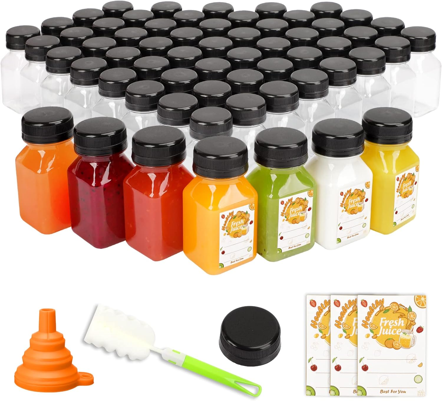 100Pcs 4Oz Juice Bottles, Reusable Small Shot Bottles with Lids, Labels, Funnel and Brush Beverage Containers for Juicing, Ginger Shots, Milk and Beverages