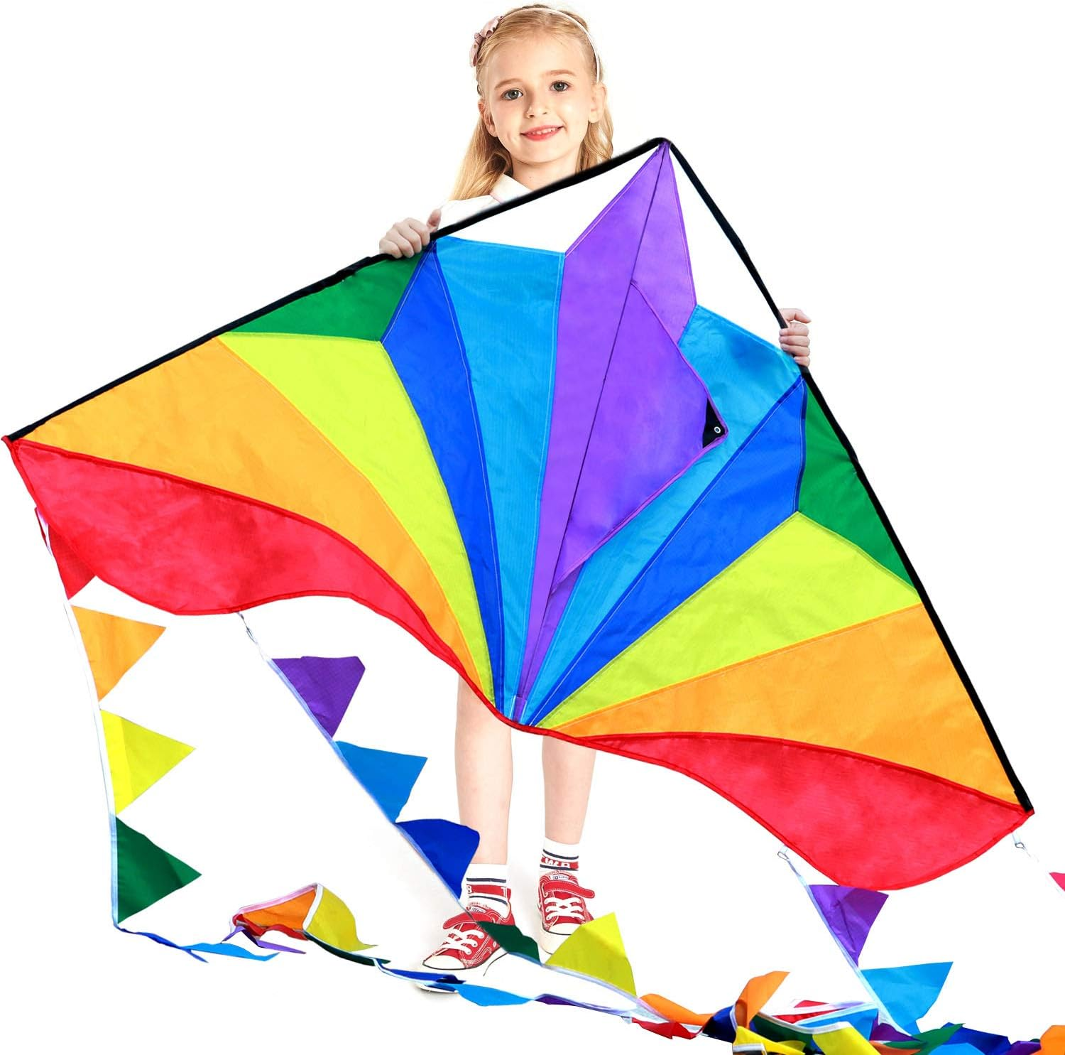 Large Delta Kite for Kids & Adults,Extremely Easy to Fly Kite for Beach Trip,String Line Included,With Colorful Tail,Perfect for Beginners